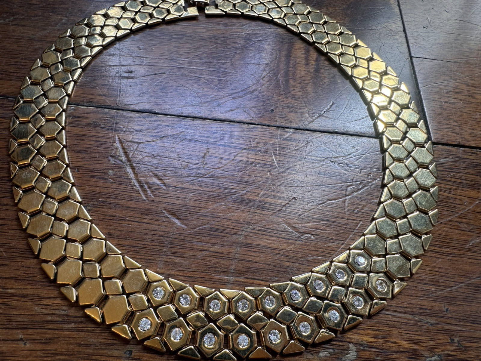 Vintage Monet Gold Tone Honeycomb RHINESTONE Statement 18″ CHOKER Necklace FLAT