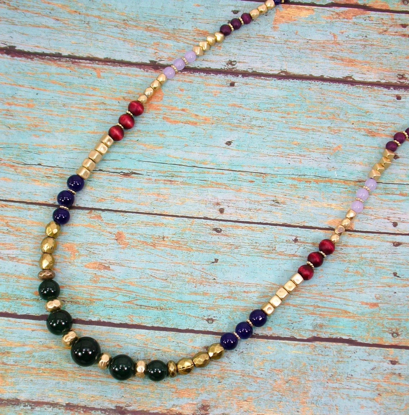 Multi color bead necklace with green, blue brown, gold glass and wood beads New