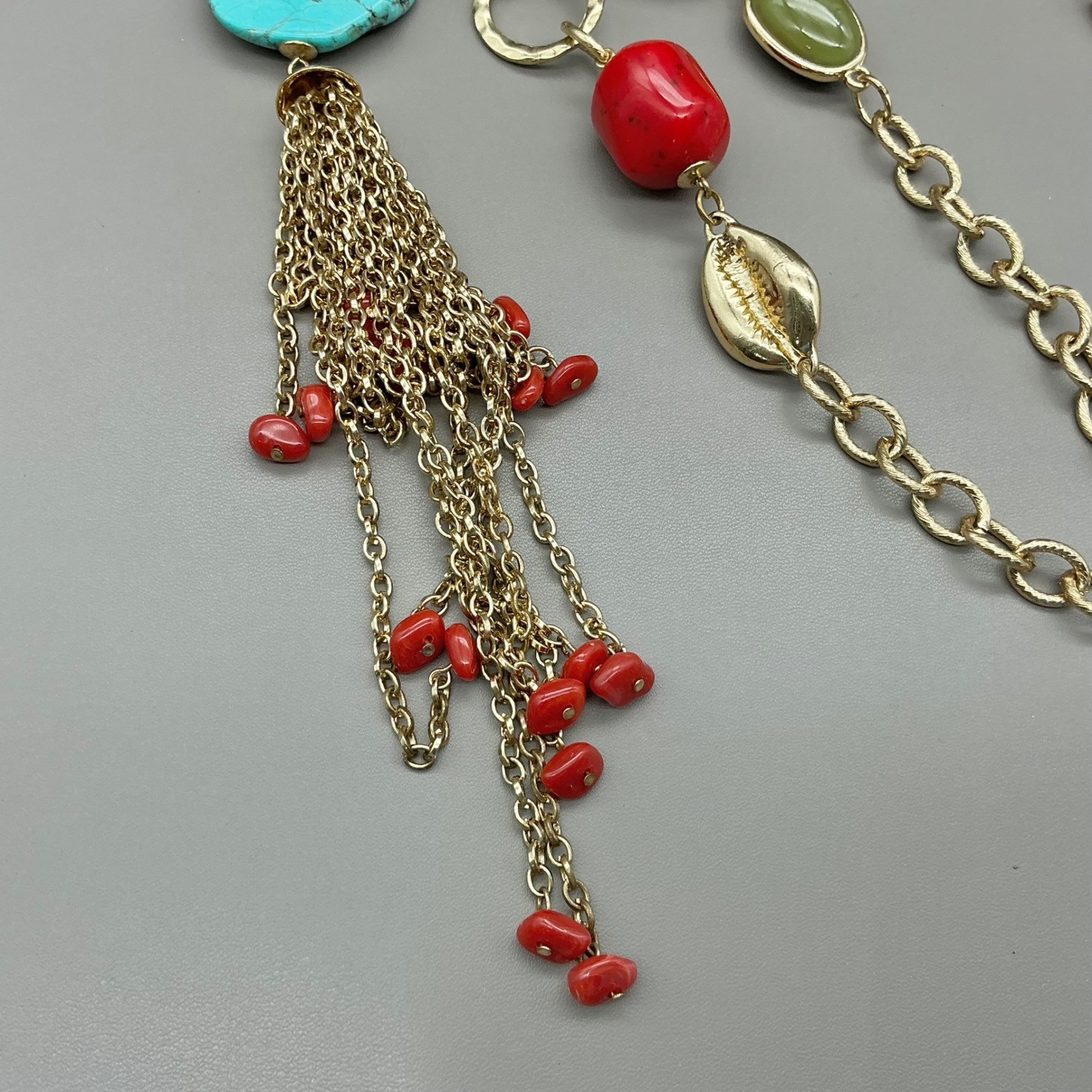 Chico’s Necklace Womens Gold Tone Turquoise Red Green Tassel Statement 22-26 In