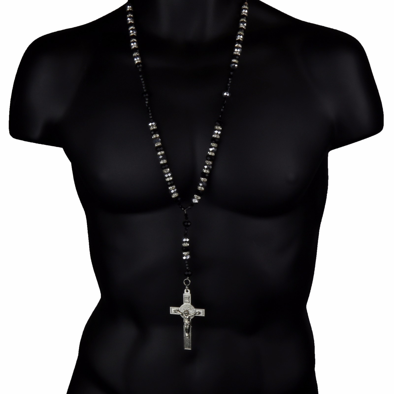 Hip Hop BLACK/GRAY Beads Cubic-Zirconia Rosary Jesus Cross Religious Chain