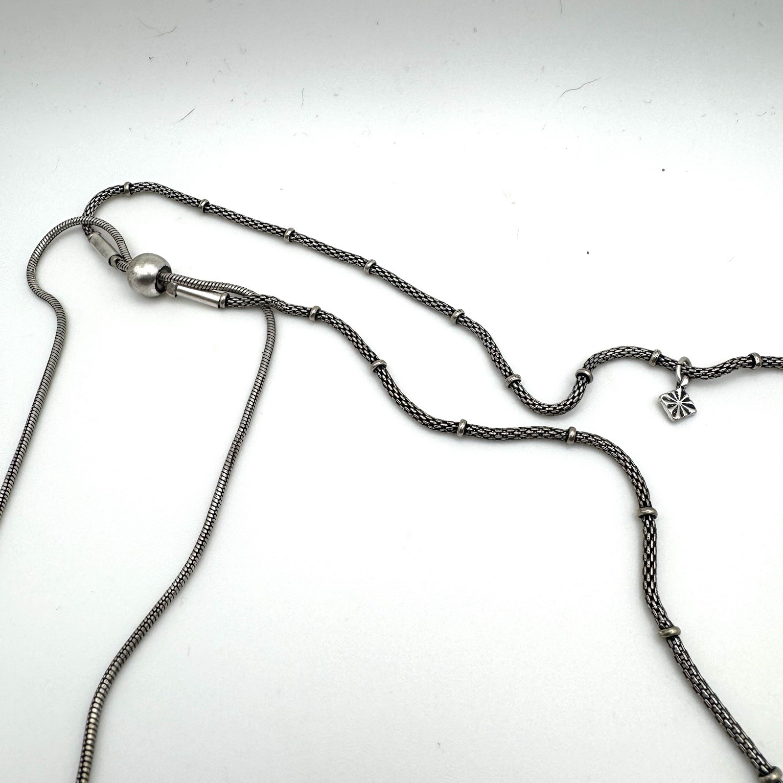Silvertone Chain Necklace Metal Blue Cabochon And Metal charms Adjustable Slider