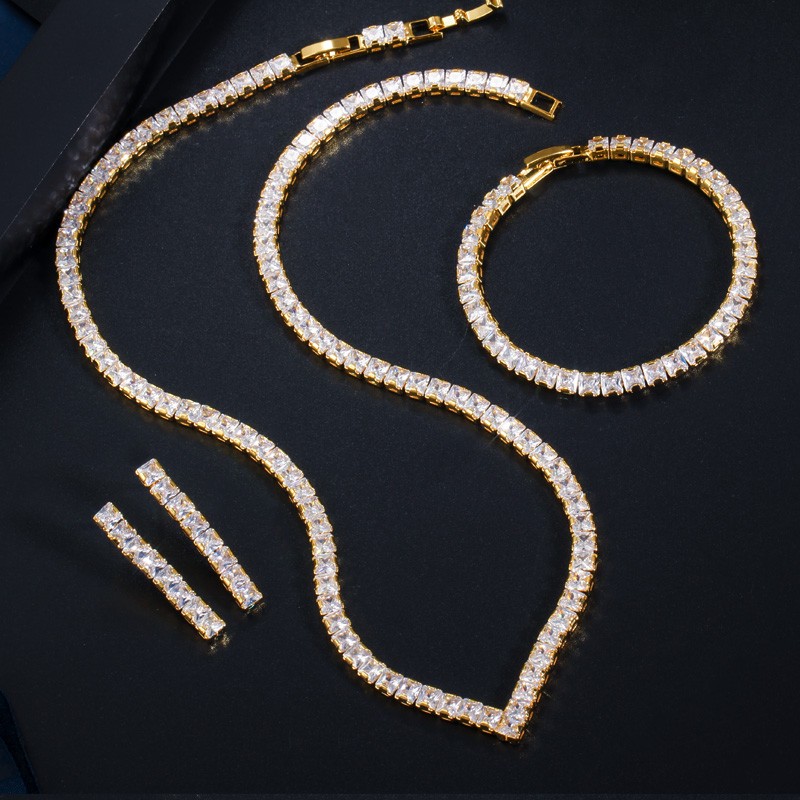 Square Zircon Gold Plated V Shape Tennis Necklace Bracelet Earrings Jewelry Set