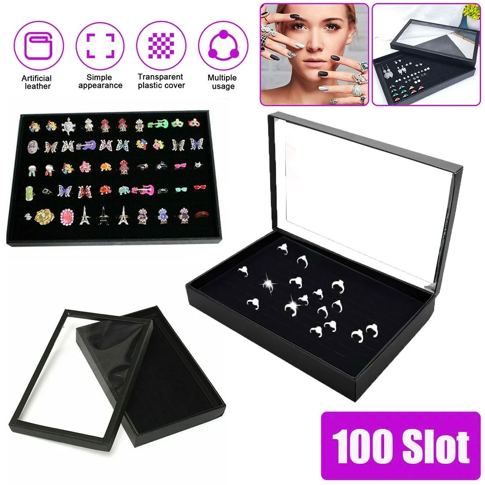 2PCS Jewelry Ring Display Organizer Tray Holder Earrings Storage Boxes 100 Slots