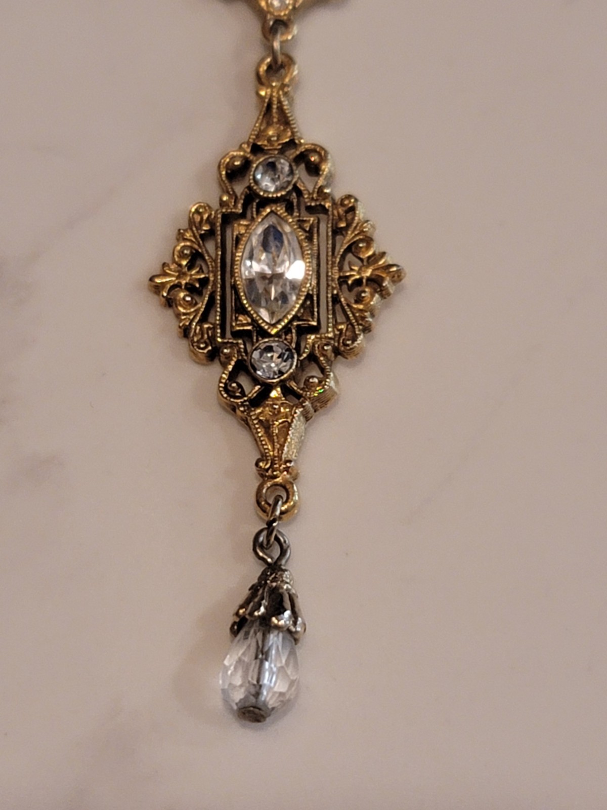 Vintage 1928 Gold Tone Crystal Drop Pendant Necklace Art Deco Revival