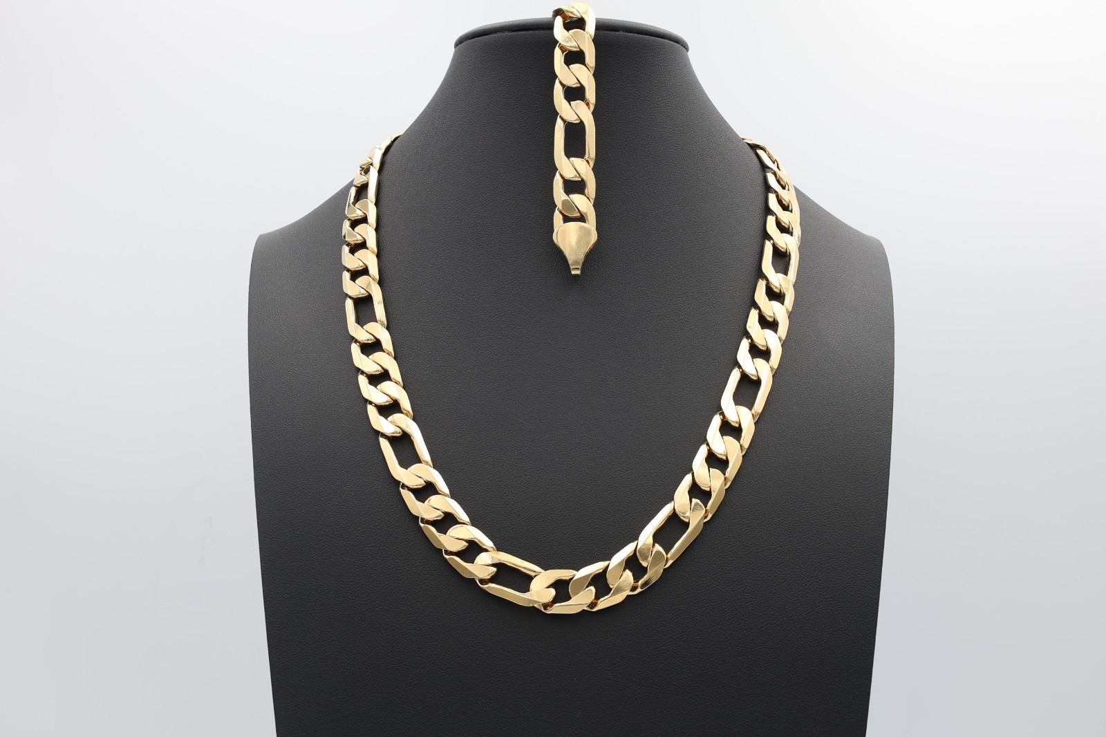 Large 12mm Flat Figaro Chain Necklace: 14k Heavy Gold Plated, 12mm Bracelet Set