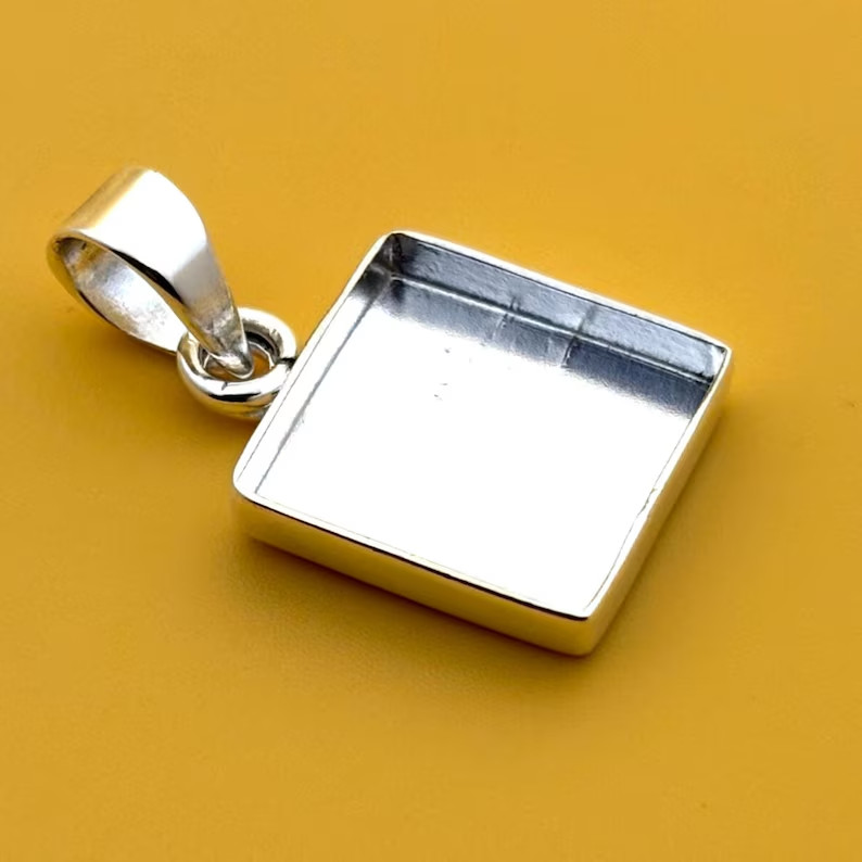 925 Sterling Silver 12mm Square Bezel Pendant Tray for Resin Cabochon Jewelry