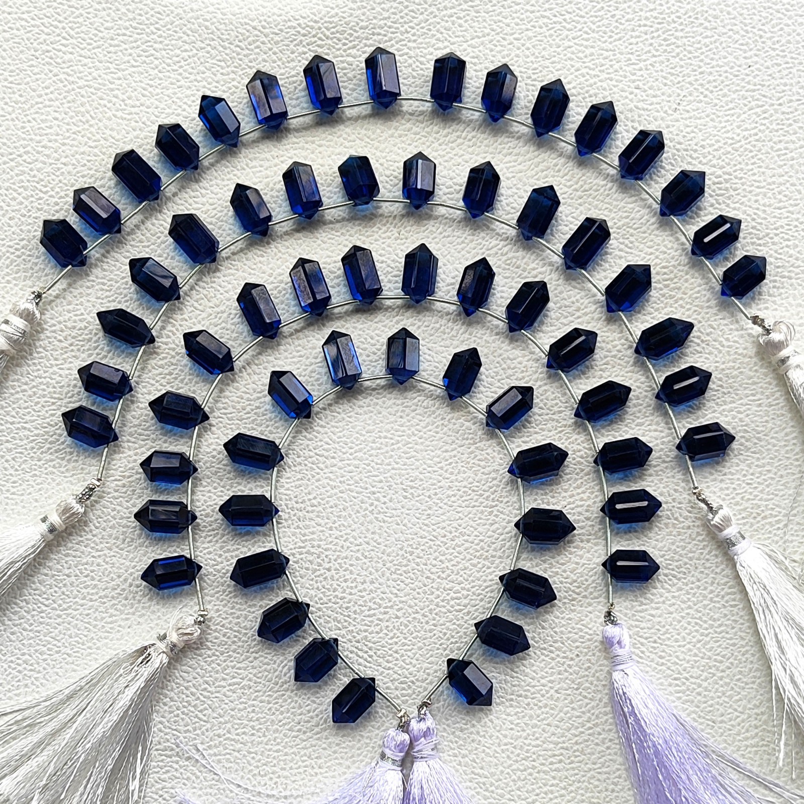 7.5″ London Blue Topaz Color Hydro Quartz 14×7 mm Faceted Crystal Point Beads