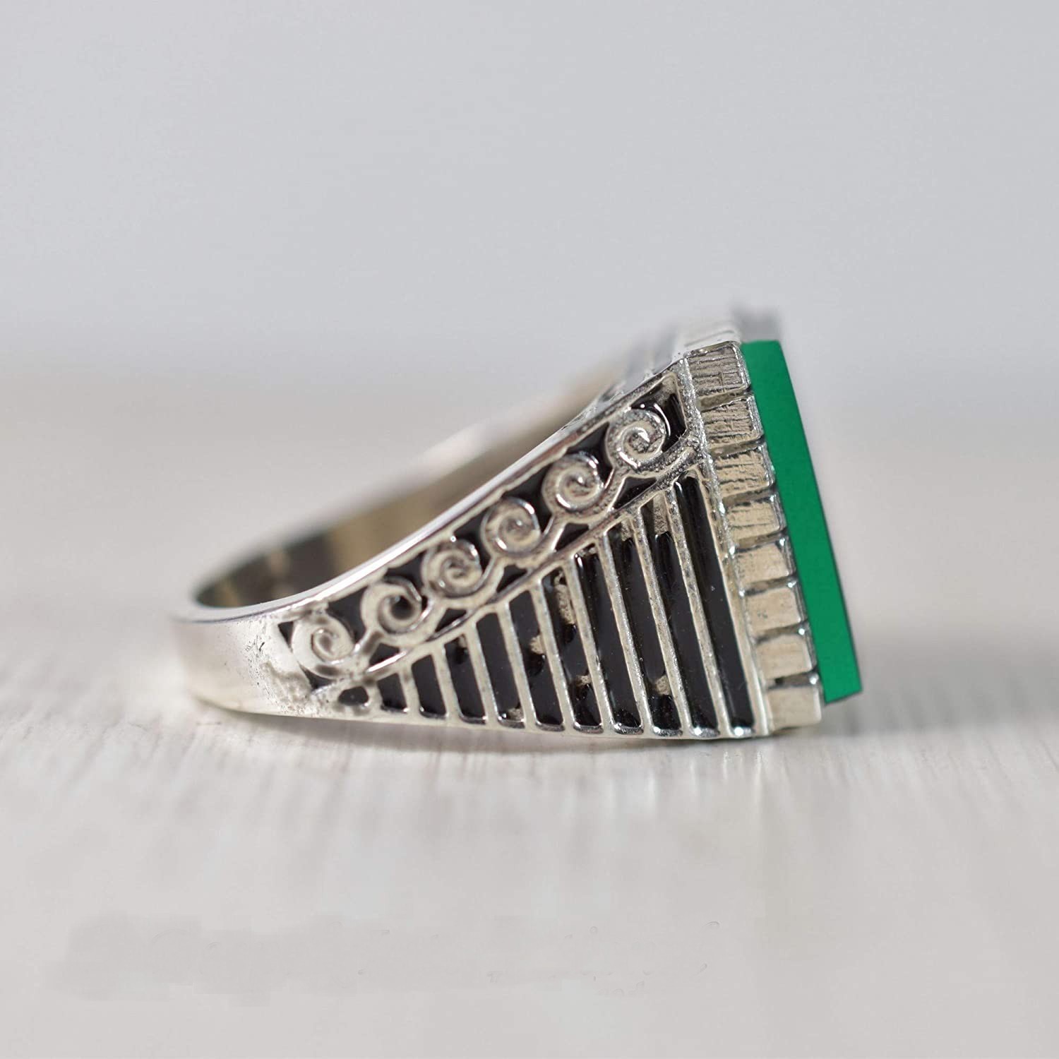 Solid 925 Sterling Silver Natural Green Onyx Gemstone Signet Men’s Unisex Ring