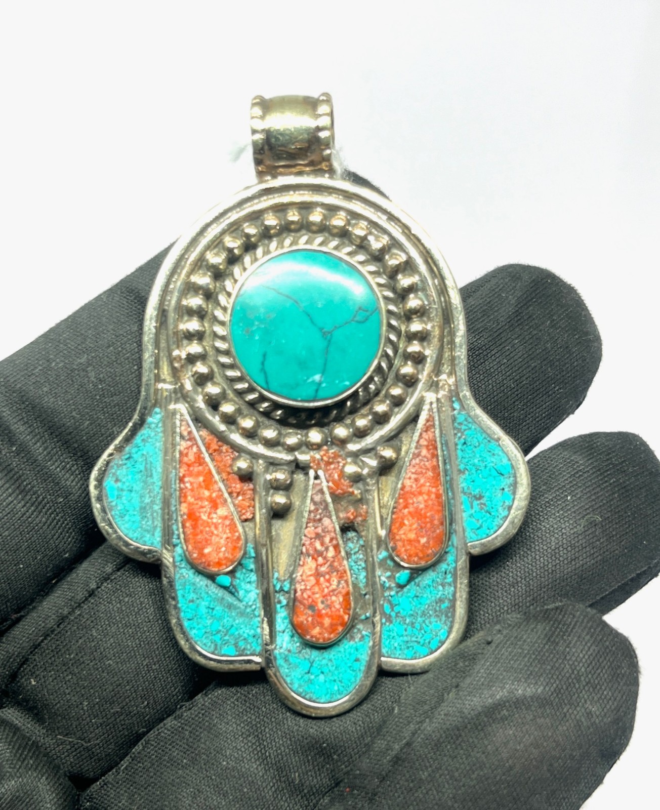 Tibetan Turquoise Coral Gemstone Buddhist Prayer Pendant Jewelry, 2.5 inch