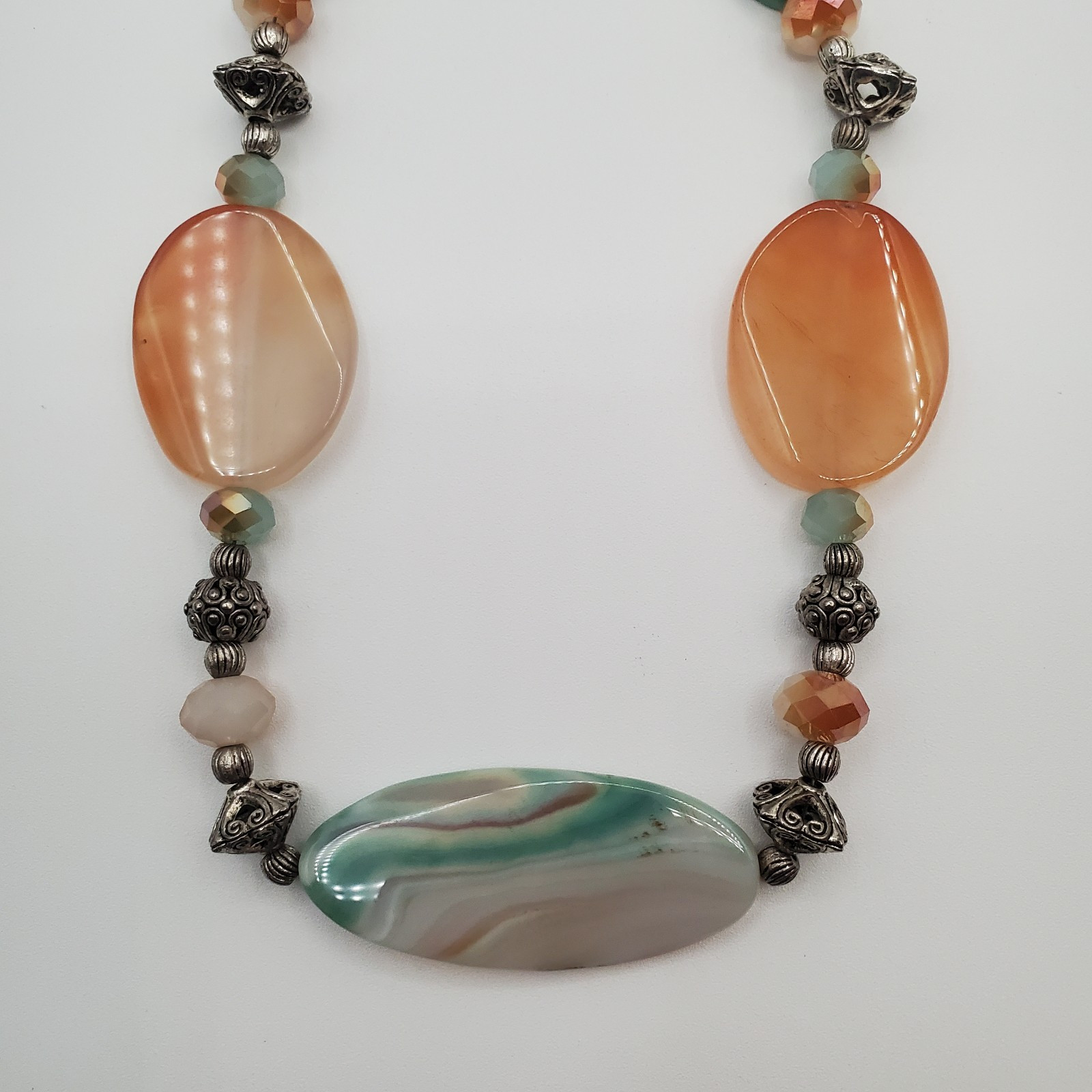 Banded Agate Stone Necklace 32in Peach Aqua Green Brown Polished Natural Beads