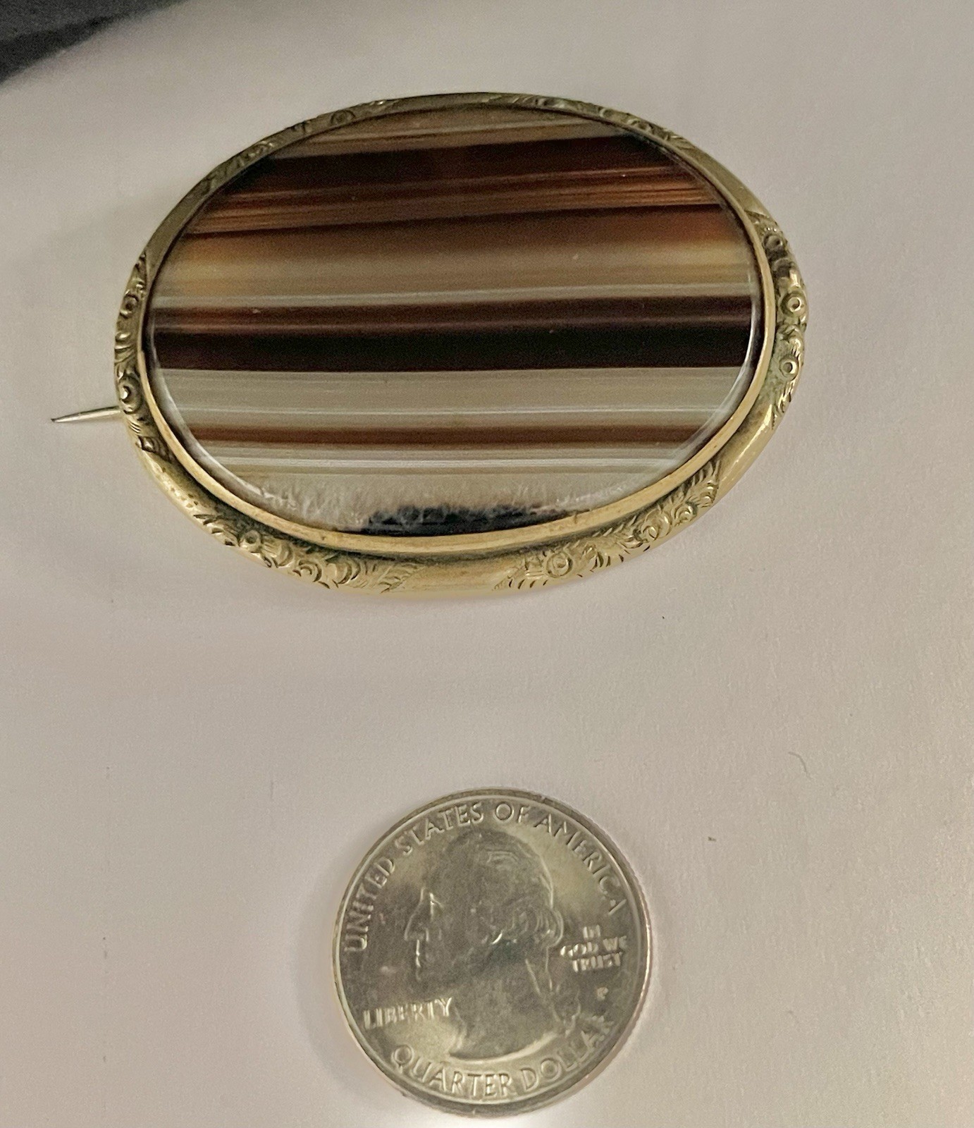 Antique Victorian Brown, Black & White Banded Agate in Goldtone Pinchback Brooch
