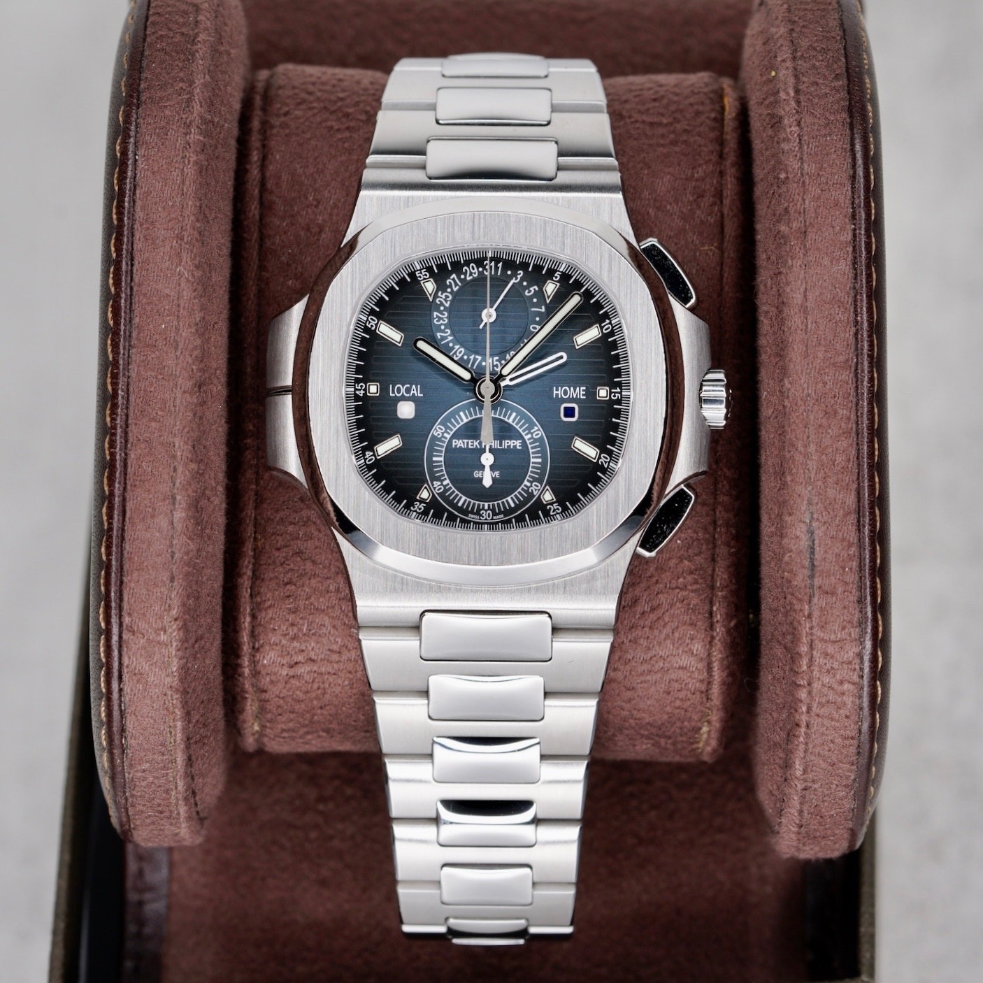 NEW Patek Philippe Nautilus 5990/1A-011 Blue Smoked Dial Travel Time Chronograph