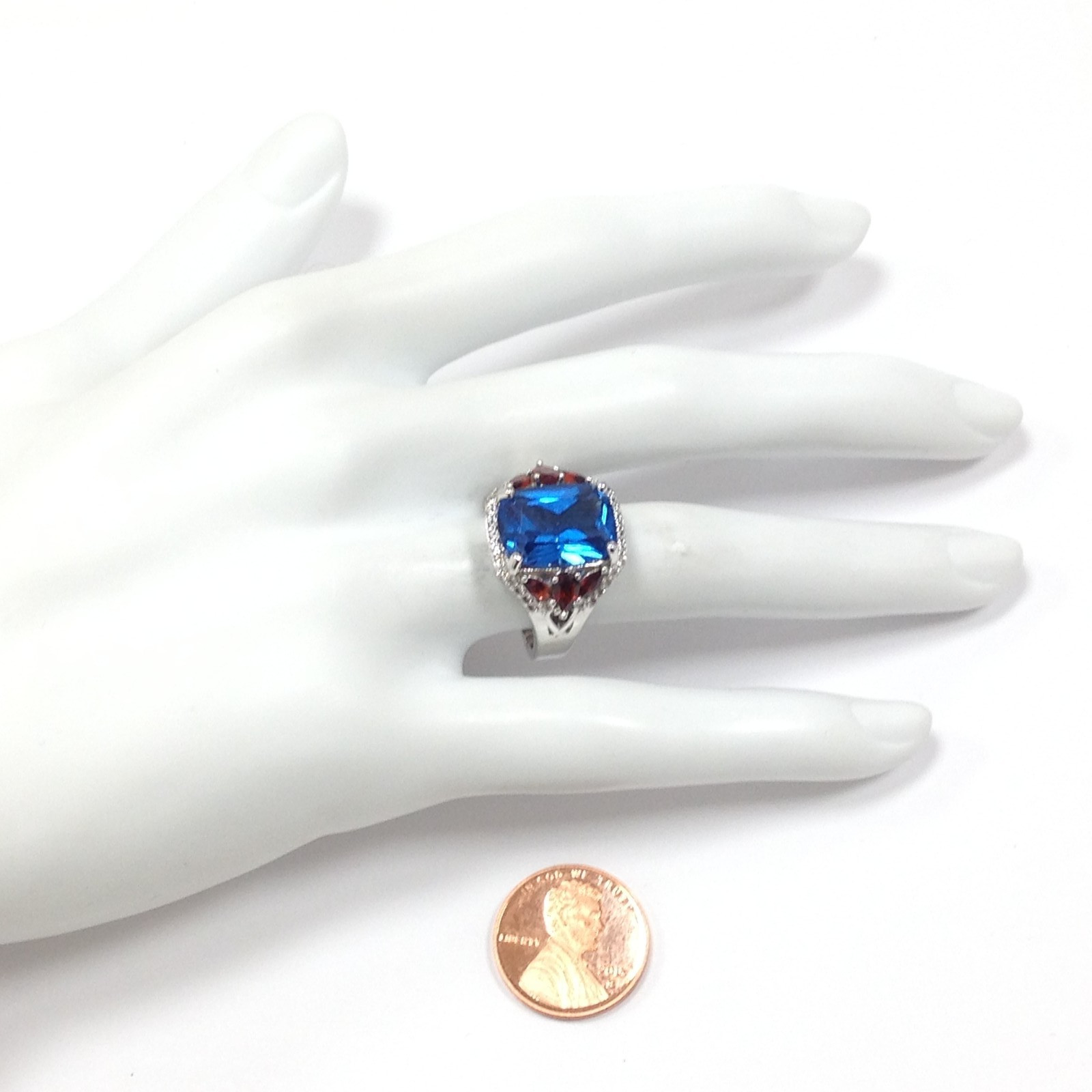 DK Signed 925 Sterling Silver Blue and Red Gemstone Cocktail Ring Size 7.75