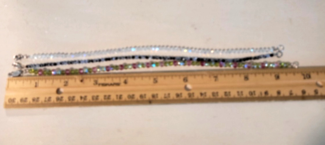 Lot of 3 925 Silver Crystal Beaded Ankle Bracelets 9-9.5″ long