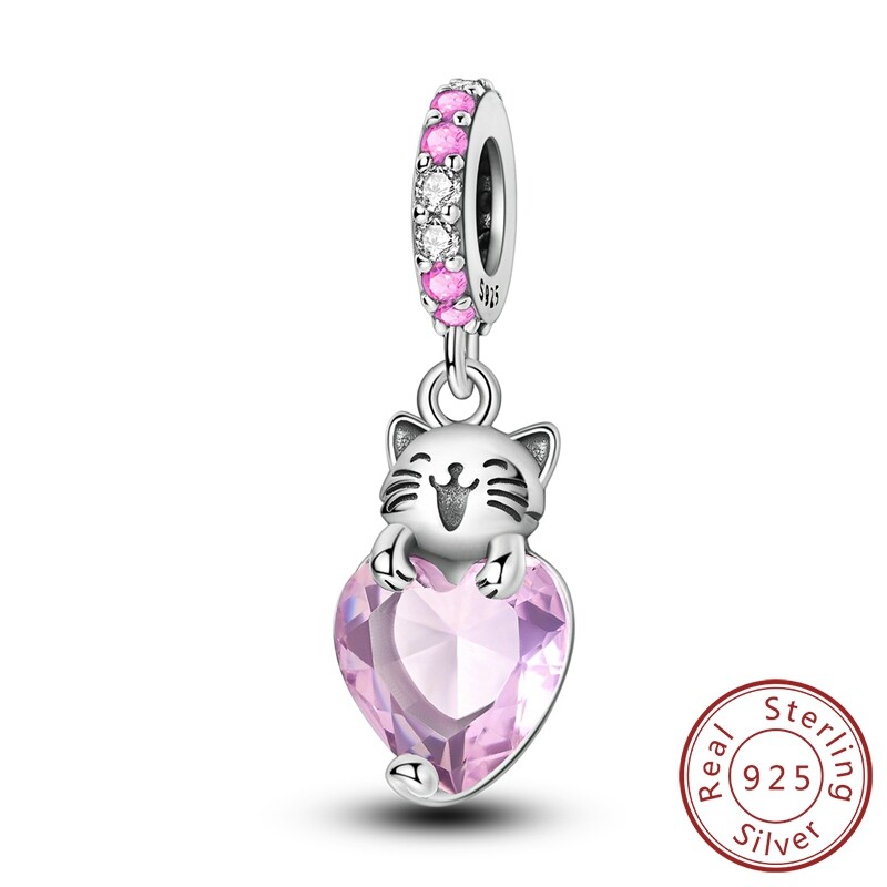 MULA 925 Sterling Silver DIY Charm Pink AAA CZ Cat Heart For Bracelet Necklace