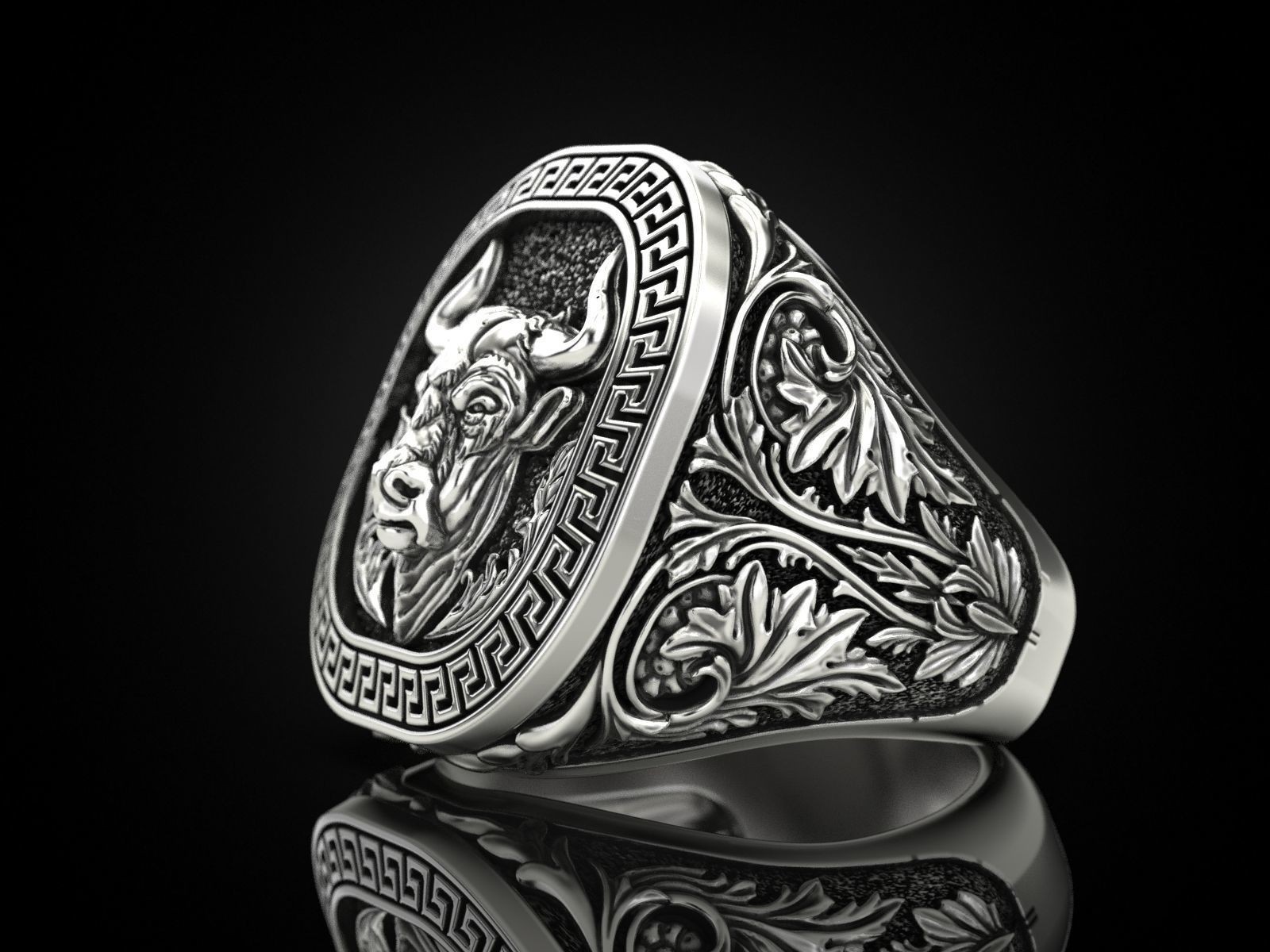Oxidized Men’s Greek Ornament Pattern Bull 925 Sterling Silver Statement Rings