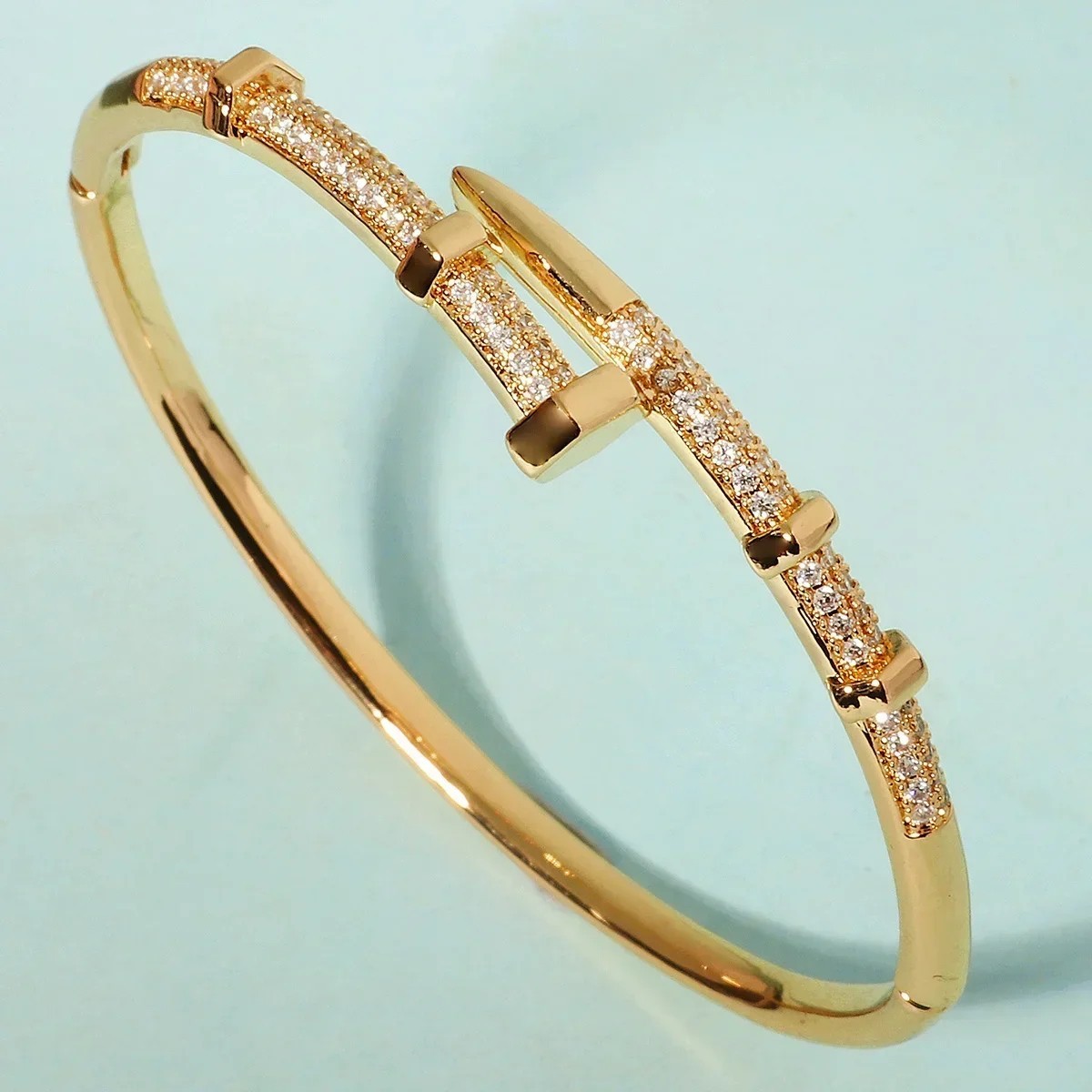 14k Yellow Gold plated Open Nail Bolt Trendy Bracelet AAA quality cubic zirconia