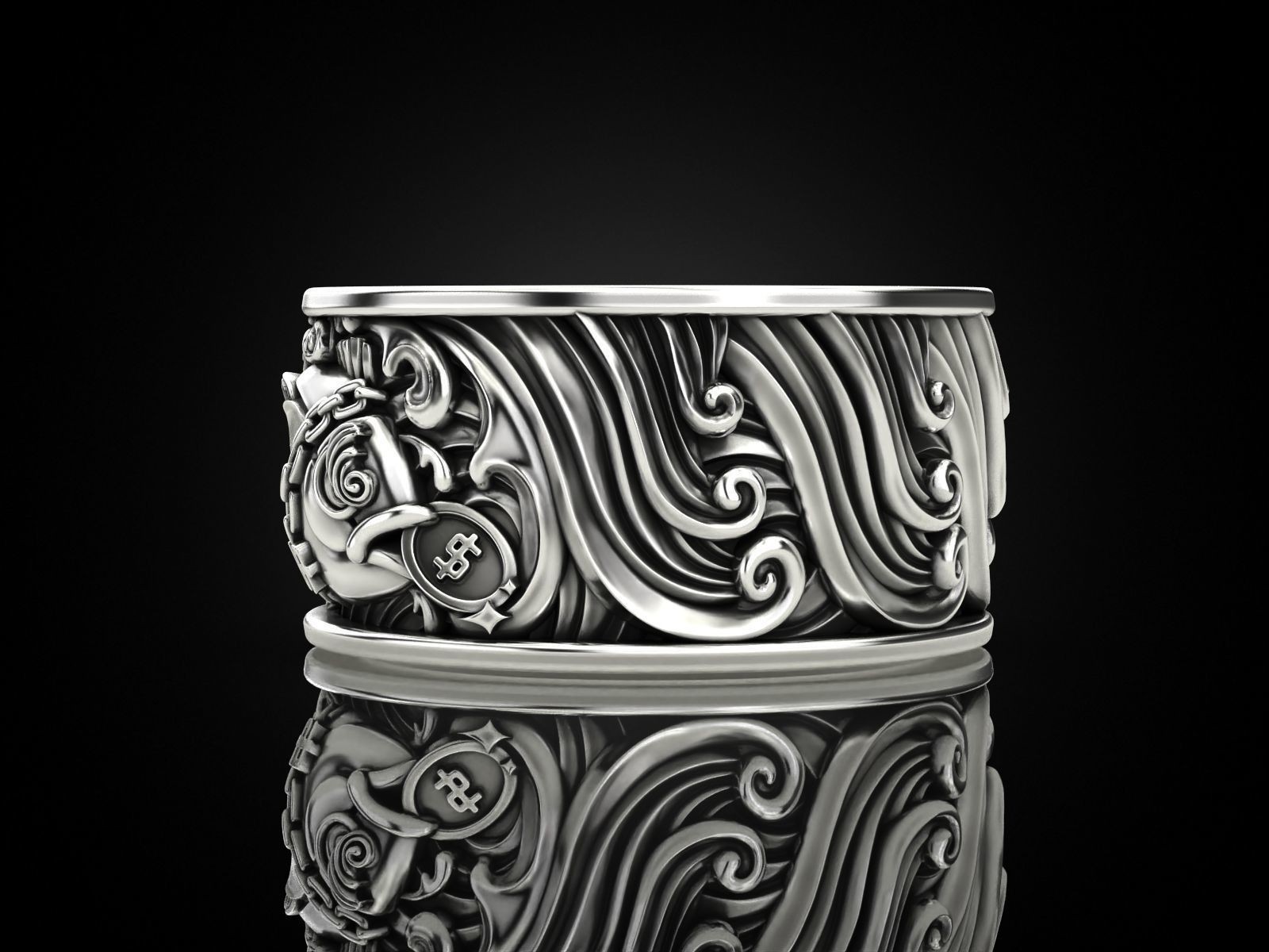 Oxidized Mens Money Grabbing Fish Gothic Punk 925Sterling Silver Statement Rings