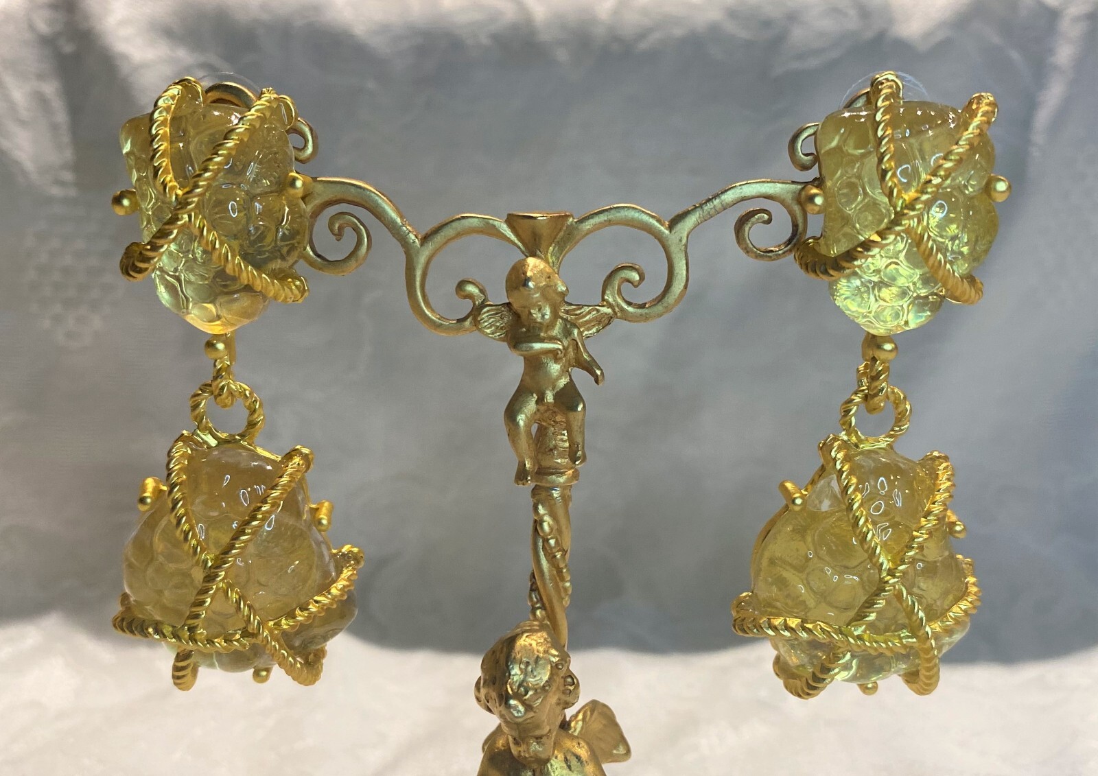 Stunning Gold Color Acrylic Cabochon & Plated Gold Pierced Earrings