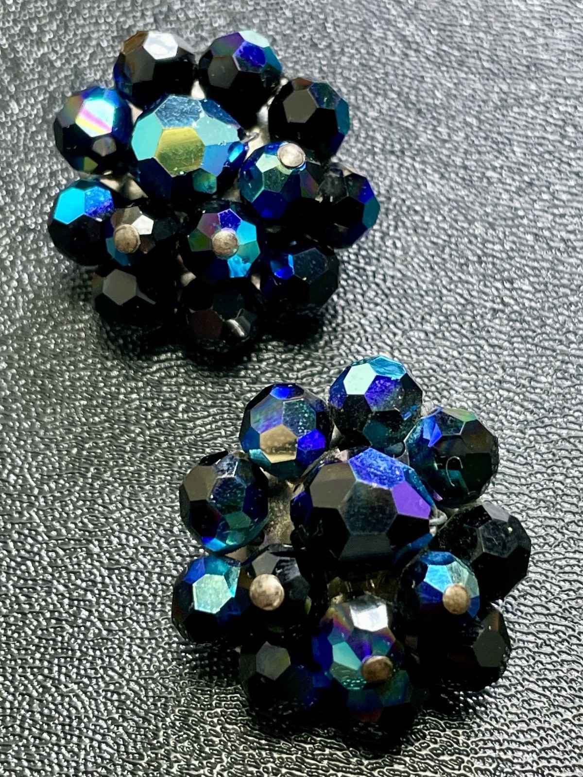 Vintage High End Round Blue AB Faceted Crystal Cluster Beaded Clip Earrings