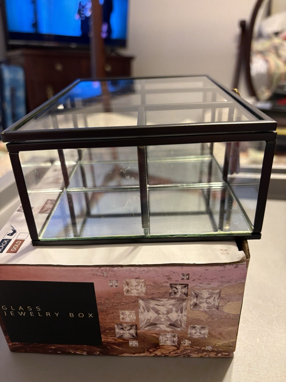 Glass Jewelry Box 5 Sections 7″x5″X 2.5″ New In Box. S 2