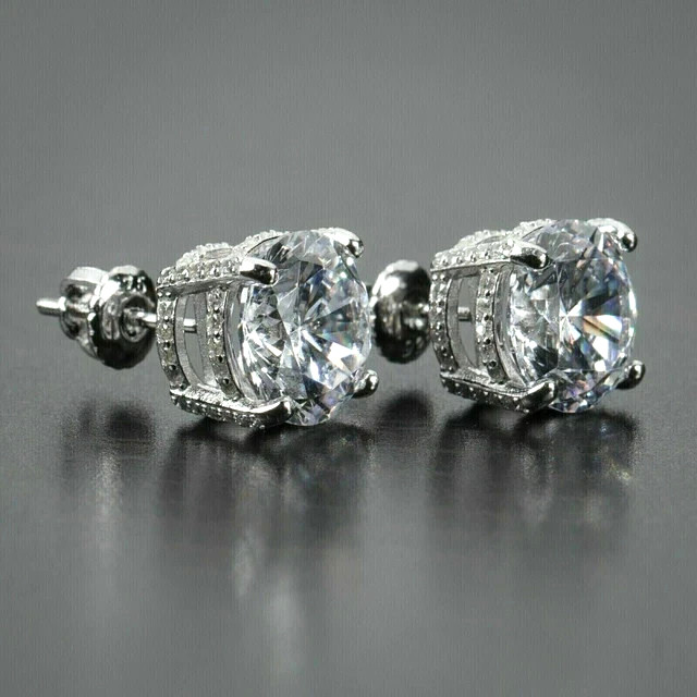 2Ct Round Cut Real Moissanite Men’s Cluster Stud Earrings 14K White Gold Plated