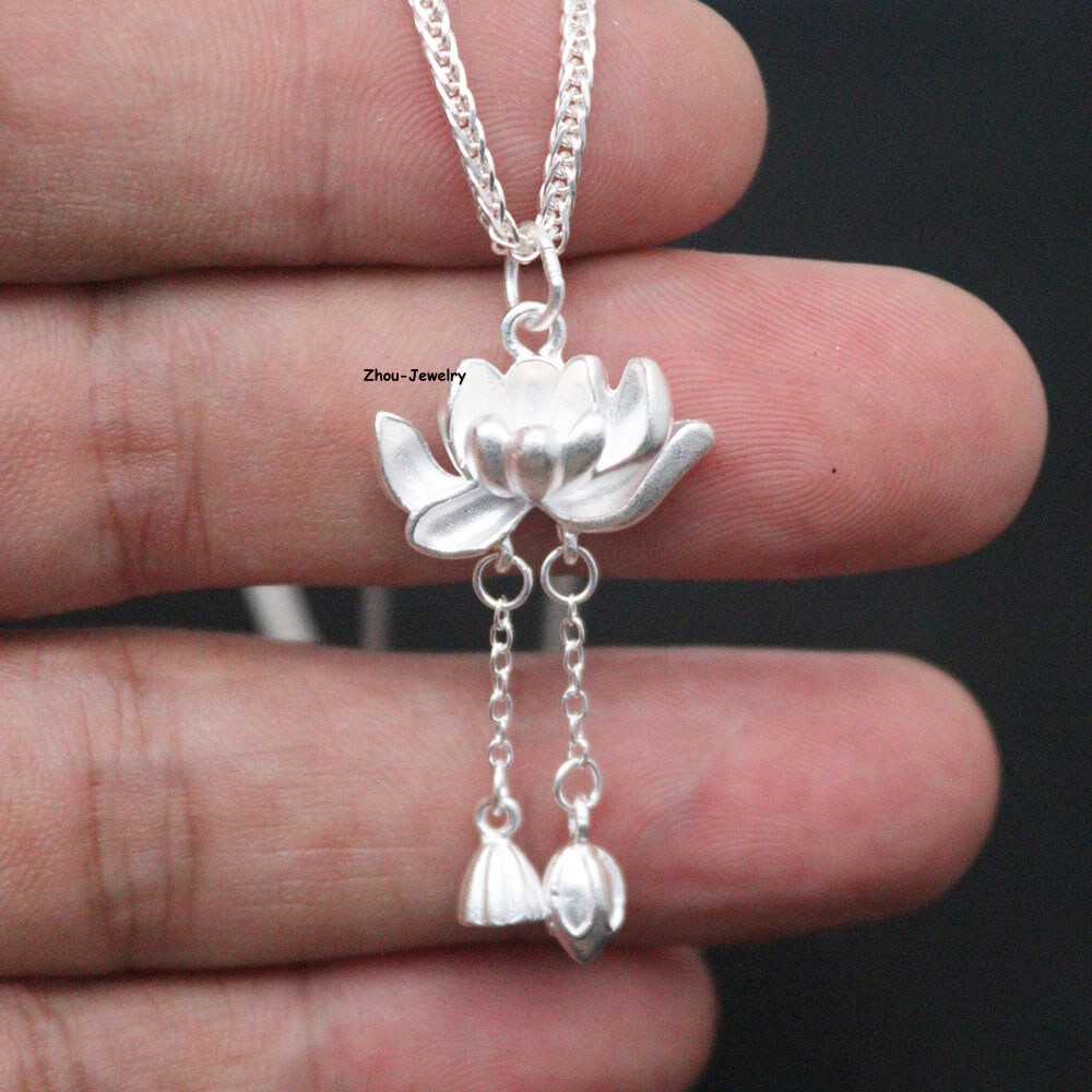 Pure S999 Sterling Silver Pendant Women Lotus Tassels Pendant 3-4g 37*18mm