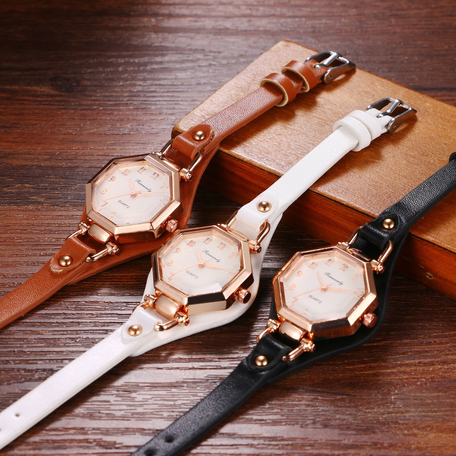 Women Retro Octagon Dial Design Quartz Slim Leather Band Ladies Dress WristWatch