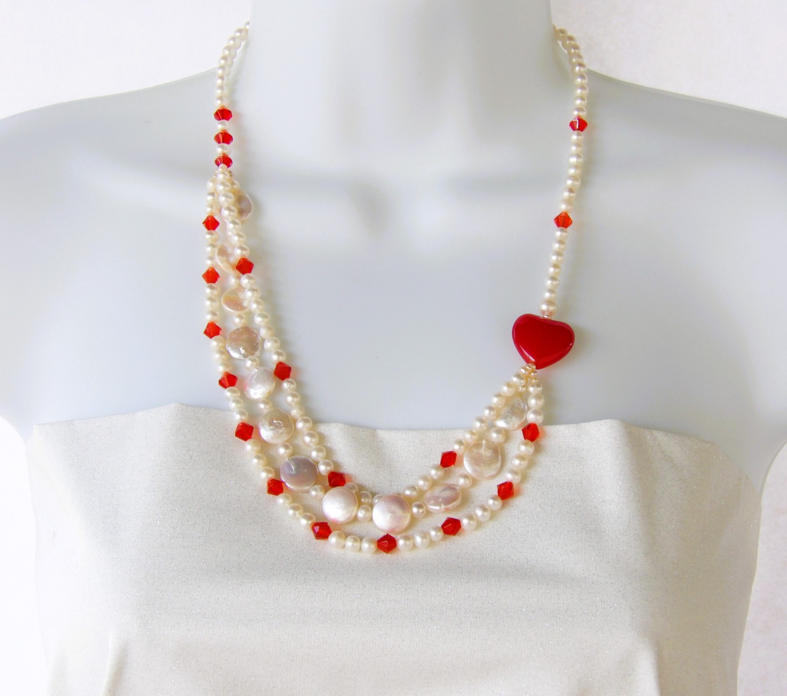 22.5 inches long red glass & white Freshwater Cultured Pearl Necklace NK575