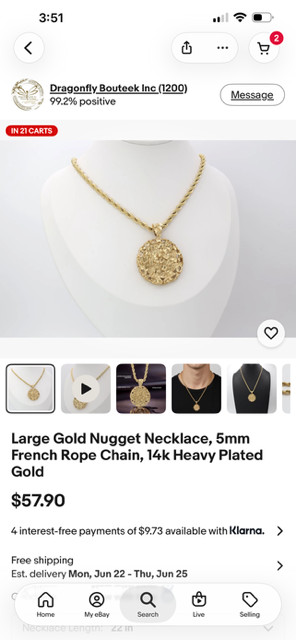 Erwin Pearl Signed Gold Tone Rope Chain Gold Nugget Necklace 20″ Vintage