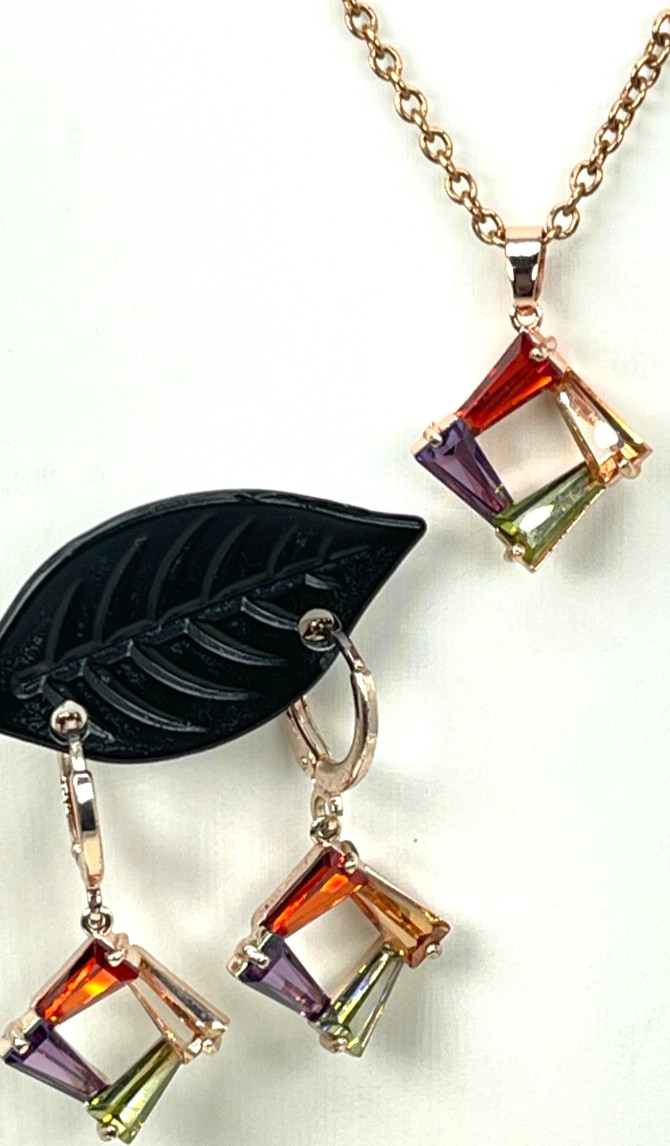Necklace/Earrings Rose Gold Tone Multi-Color Crystal Bars 18″ Cable Chain Ear 1″