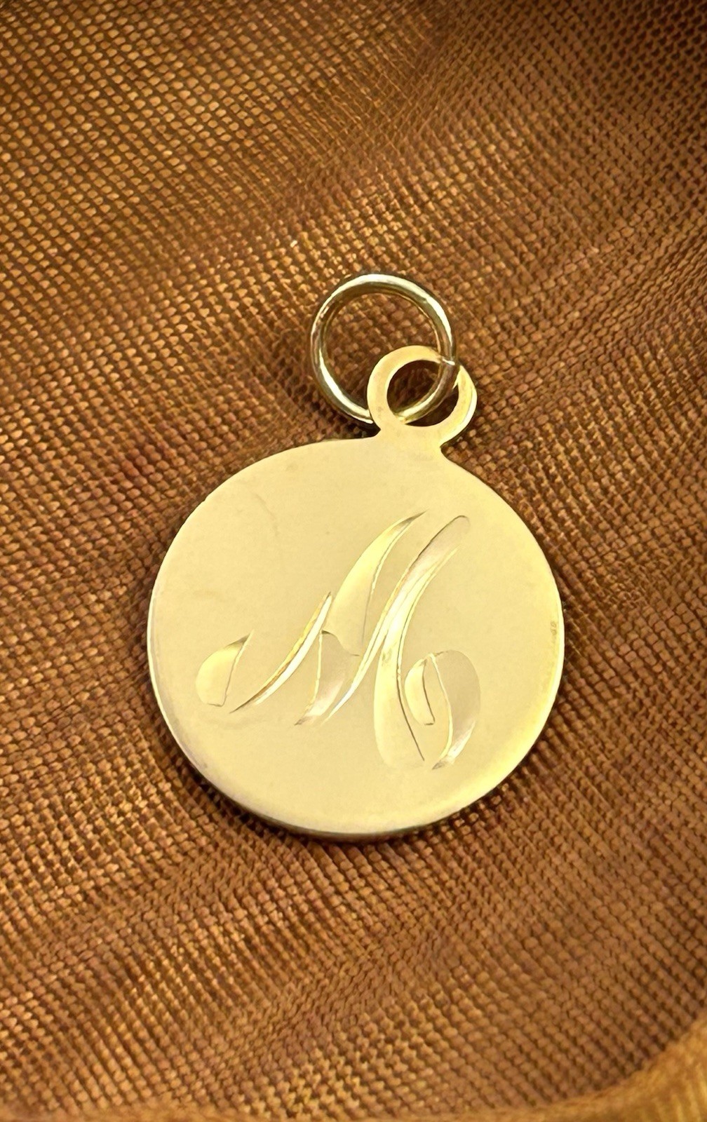 Vintage Initial M Charm Dainty Pendant Etched Gold Plated Metal Vintage Jewelry