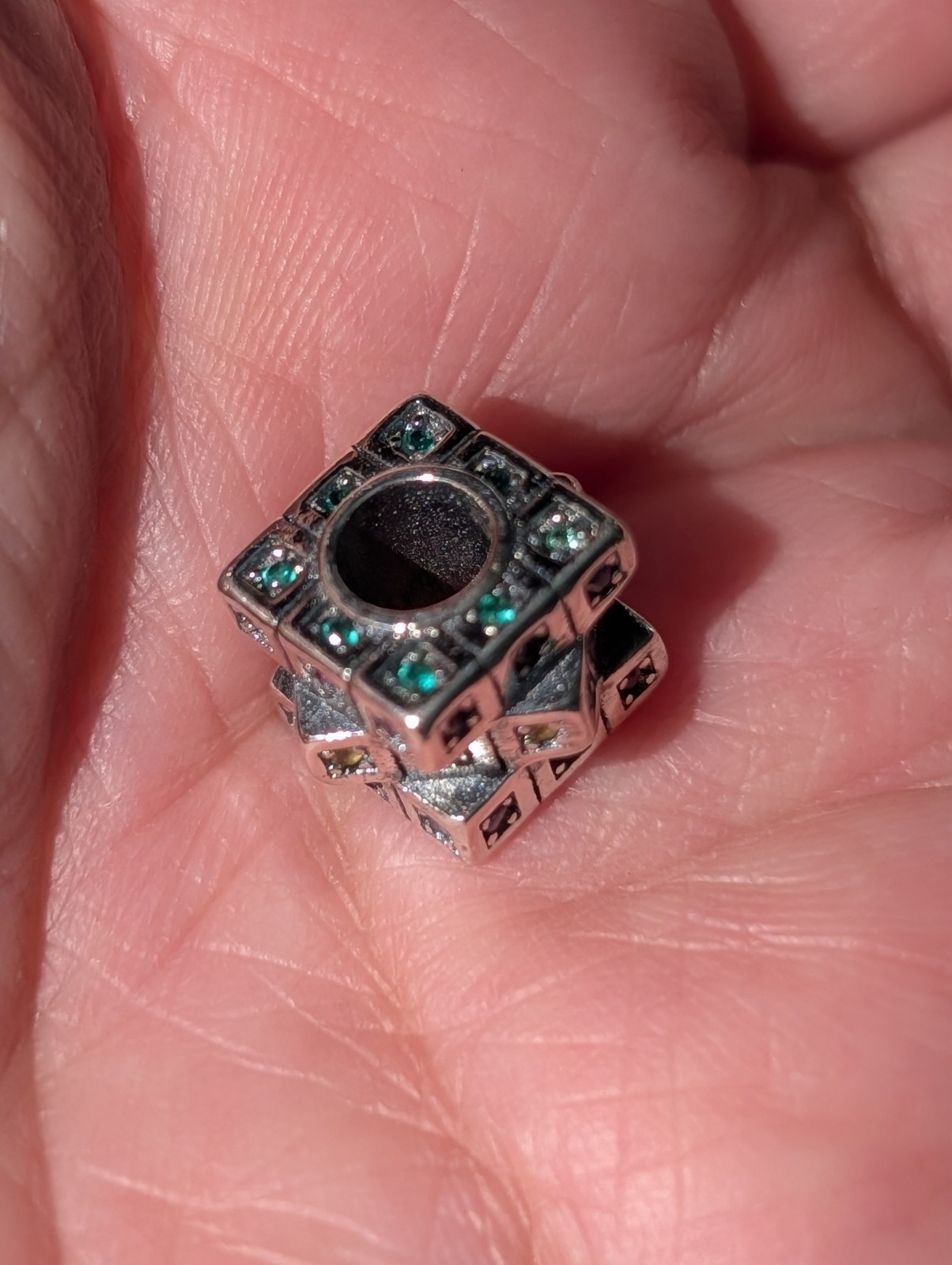 Silver Tone Large Hole Bead Charm Spacer, Pavé Multicolor CZ Square, Geo