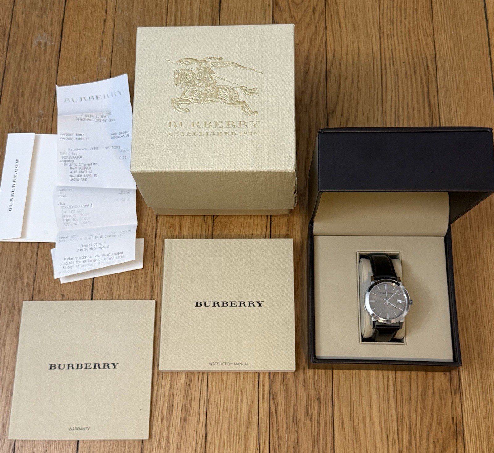 Burberry The City Wristwatch Model BU9011 Brown Leather Band 38mm w/box+papers