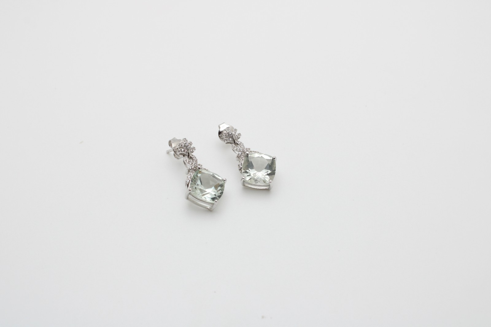 925 Sterling Silver Green Apatite Cushion Burst Clear Stone Fancy Earrings