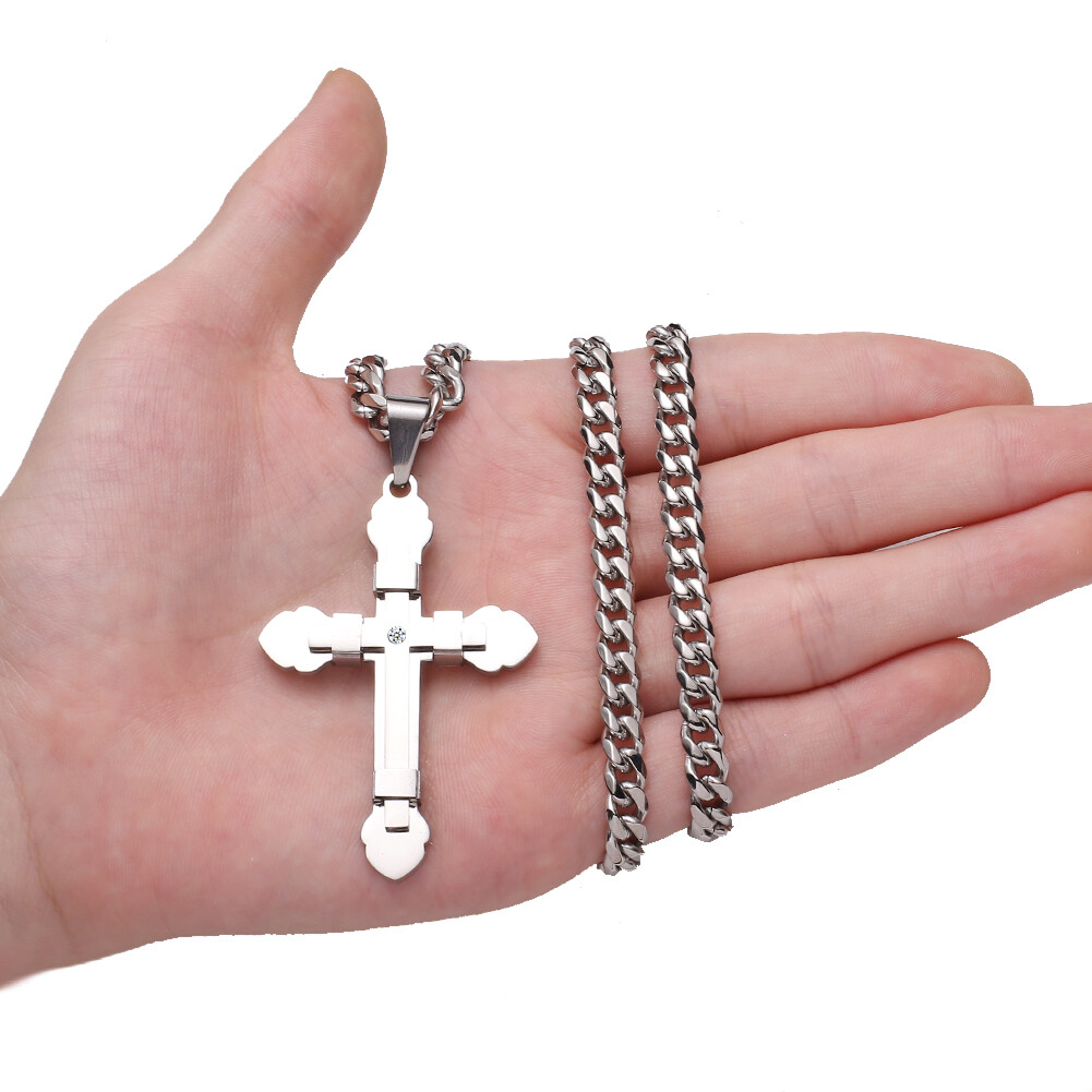 Men Women Stainless Steel Cross Pendant Necklace with CZ 18-34inch 5 Colors
