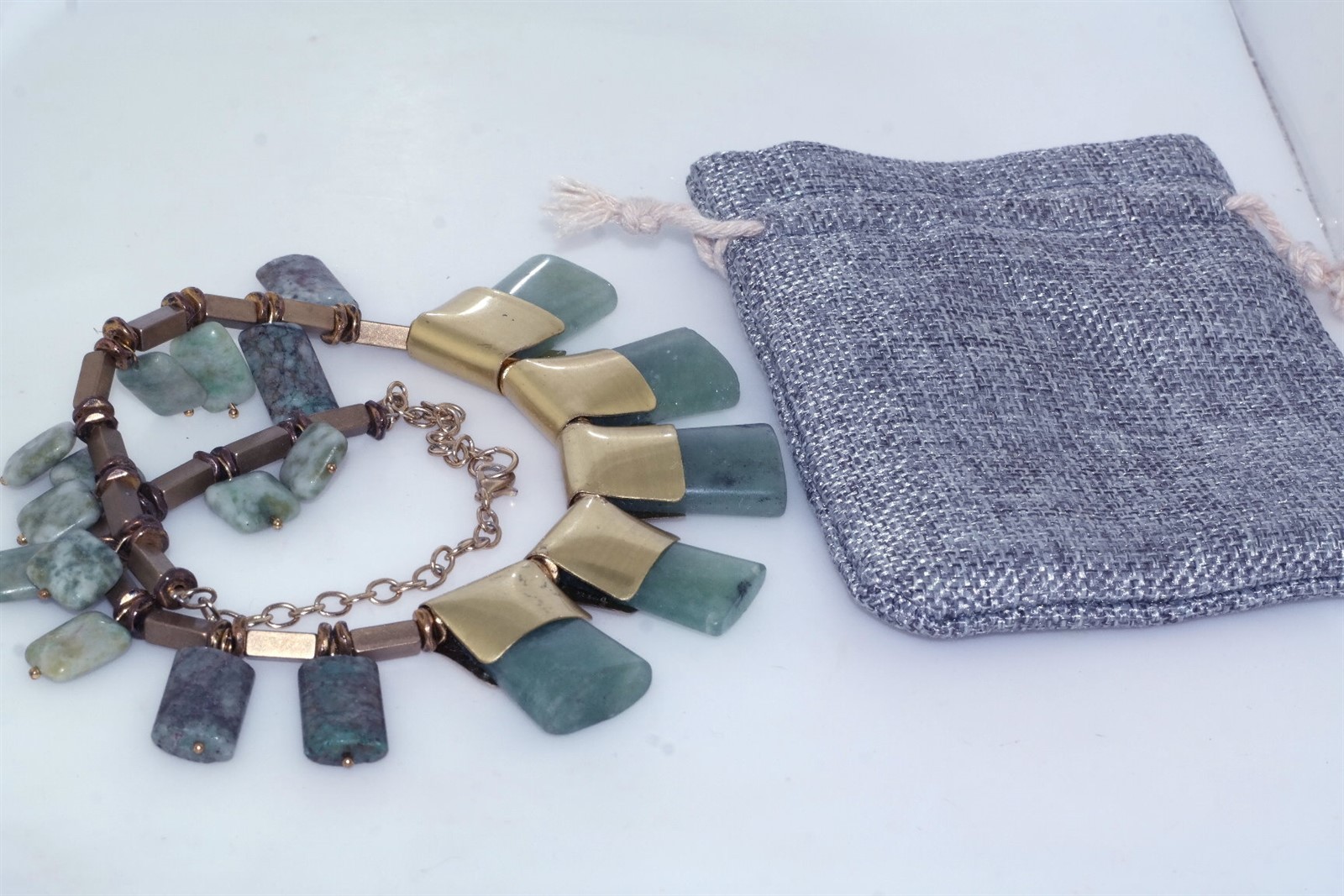 Contemporary Bronze Copper Green Stone Bib Cleopatra 18″ Necklace
