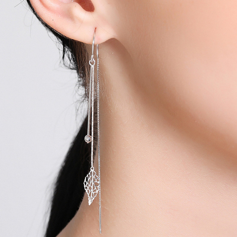 Solid 925 Sterling Silver Leaf Ball Pull Through Threader Earrings Gift Box PE21