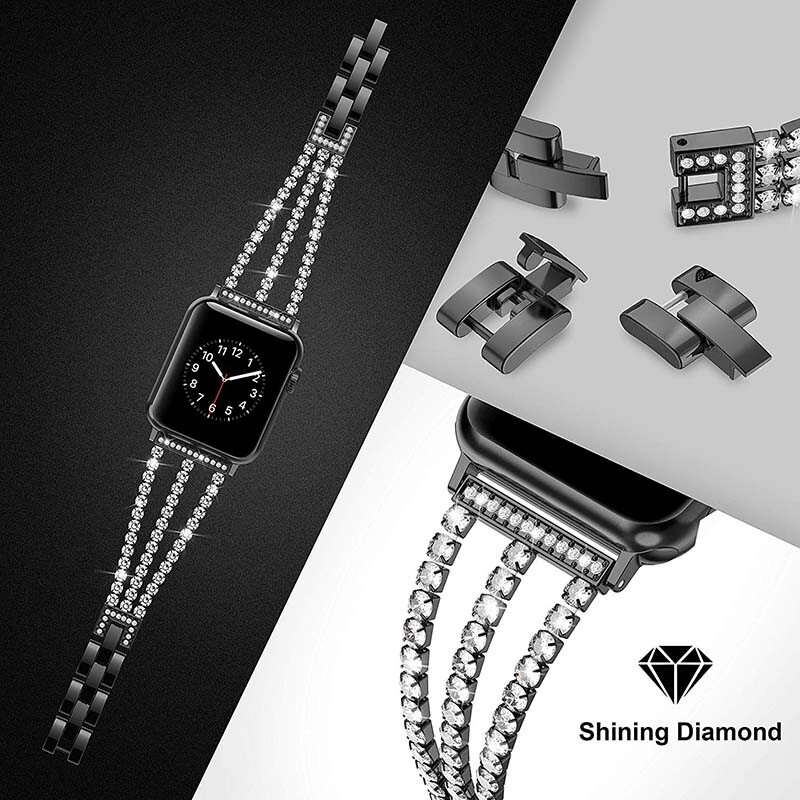 For Apple Watch Ultra 9 8 7 6 5 4 SE Bling Rhinestones Steel Band Bracelet Strap