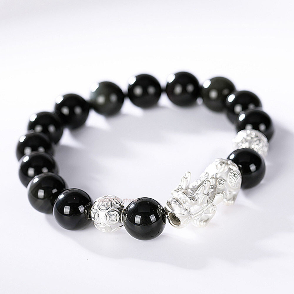 Real 999 Pure Silver Bracelet Man Women Obsidian Dragon Pixiu Beaded Link 7.1”L