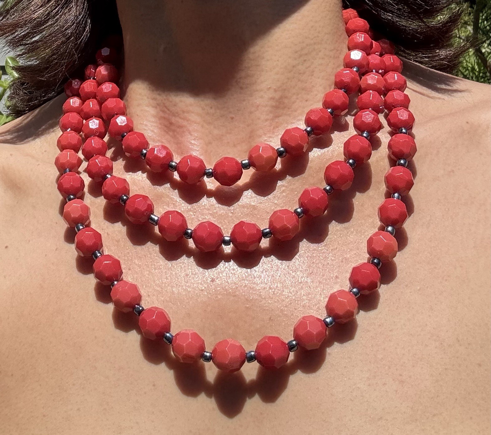 Red Round Faceted Beaded Layered Statement Necklace, Ball/Bead Chain