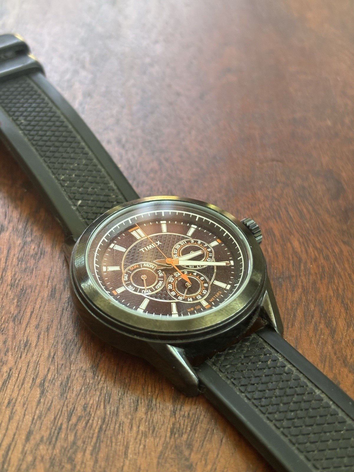 Timex Quartz Analog chronograph Black/Orange Dial Rubber strap