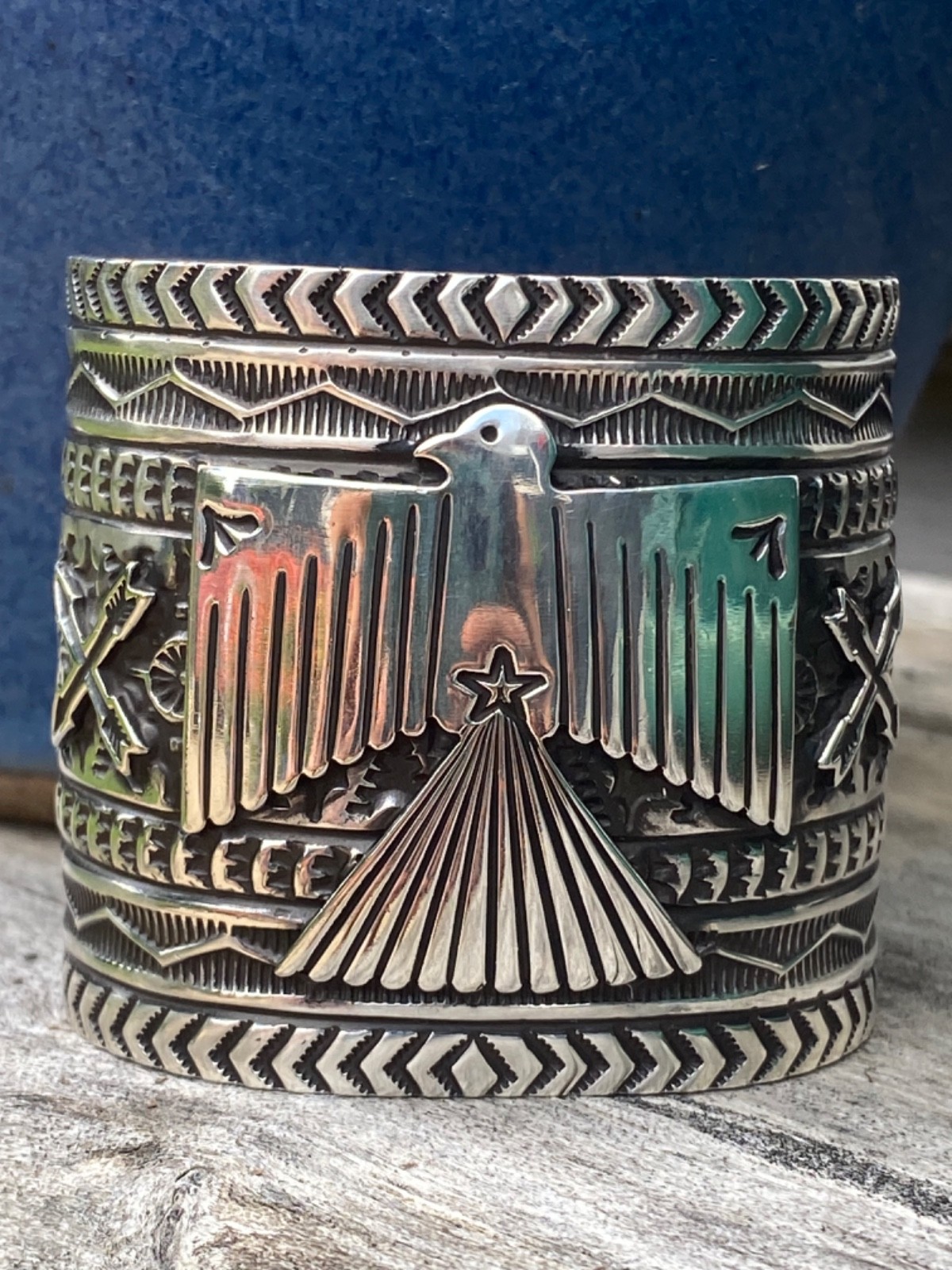 MINT CONDITION Navajo Sunshine Reeves Thunderbird Solid 925 Cuff Bracelet WIDE!!