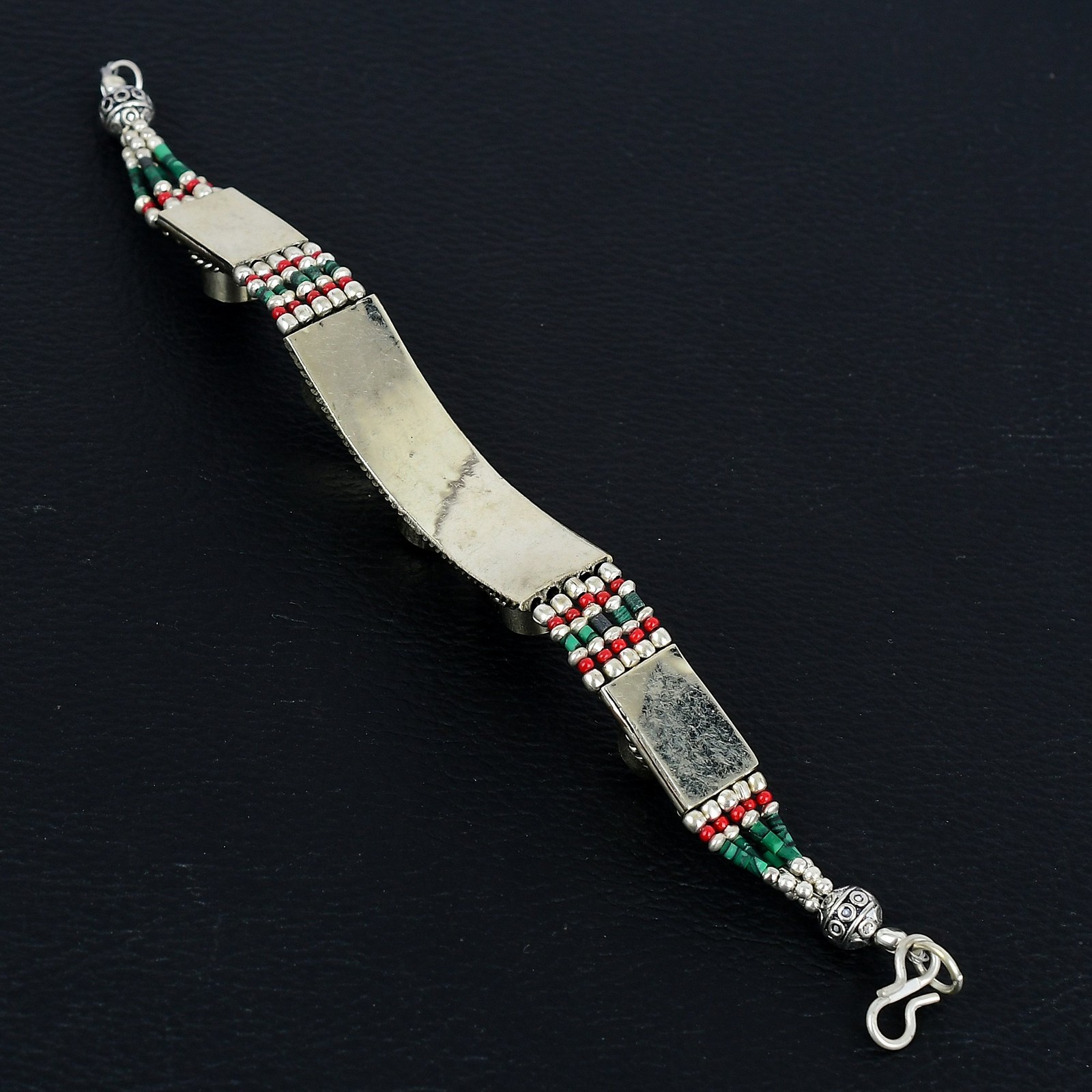 Turquoise Red Coral Boho 925 Sterling Silver Tibetan Nepali Bracelet 7″ PG 2080