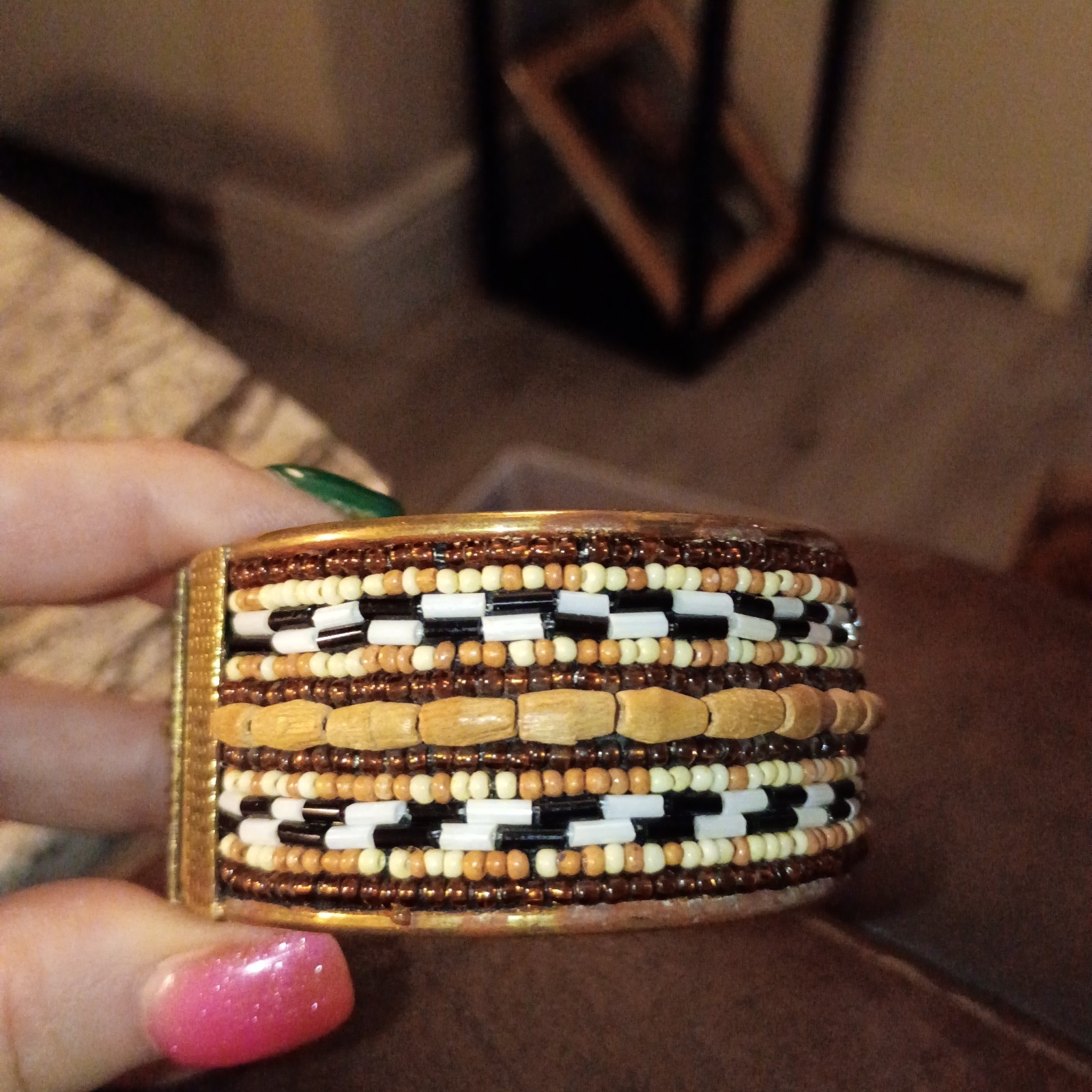 Beaded Cuff Bracelet Brown Black White Beads, Beaded Cuff Style Bracelet