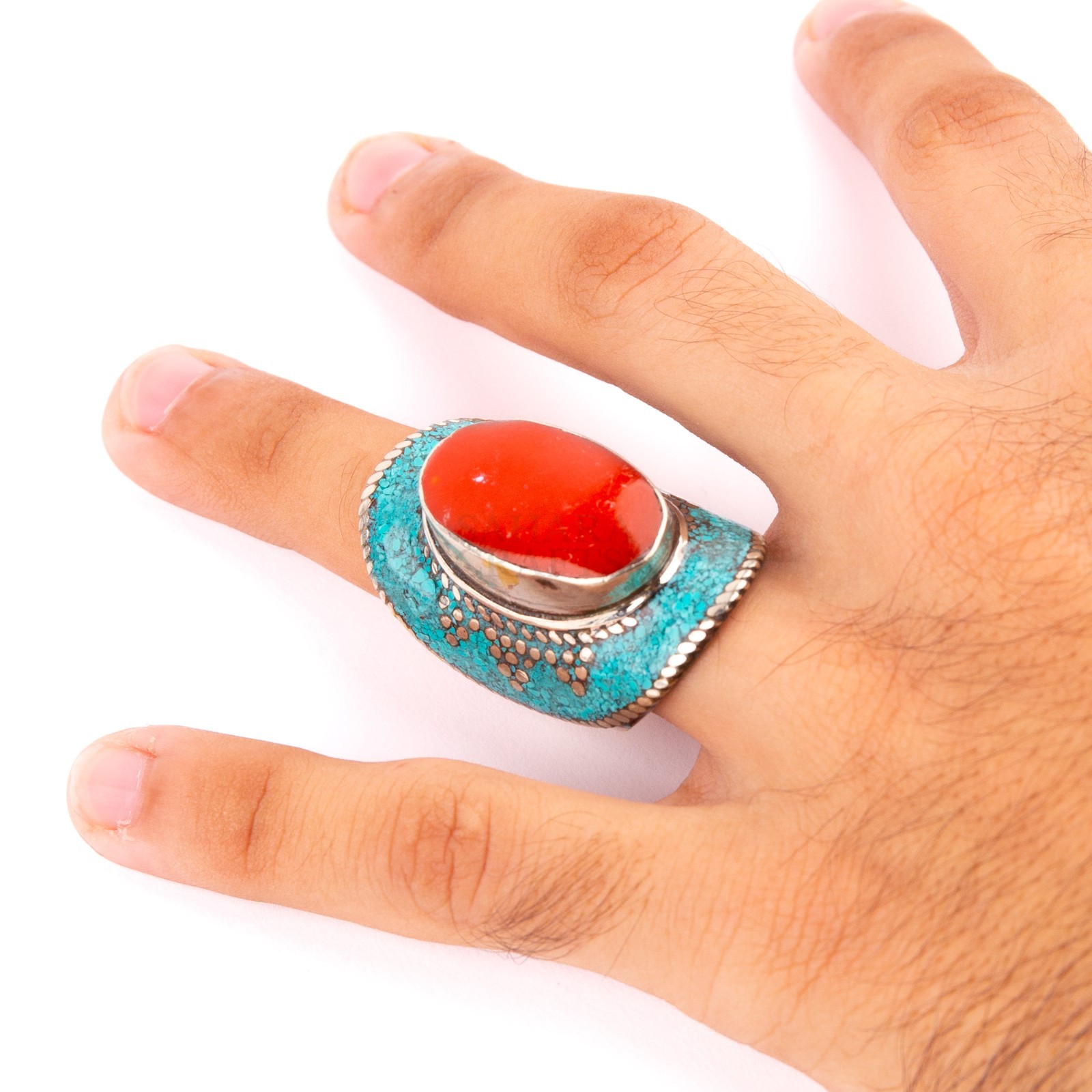 Tibetan Ring, Red Coral Turquoise Stone, Traditional Tibetan Bead Jewelry, US9.5