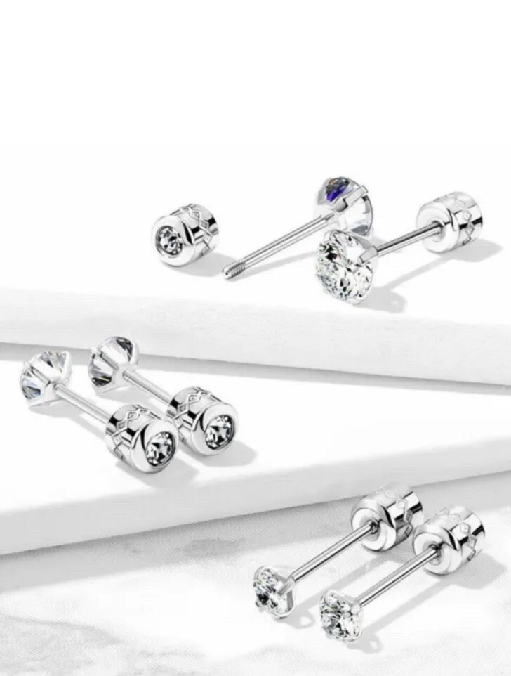 2PCS Silver Stainless Steel Round CZ Earrings Screw Back Ear Stud for Men Women