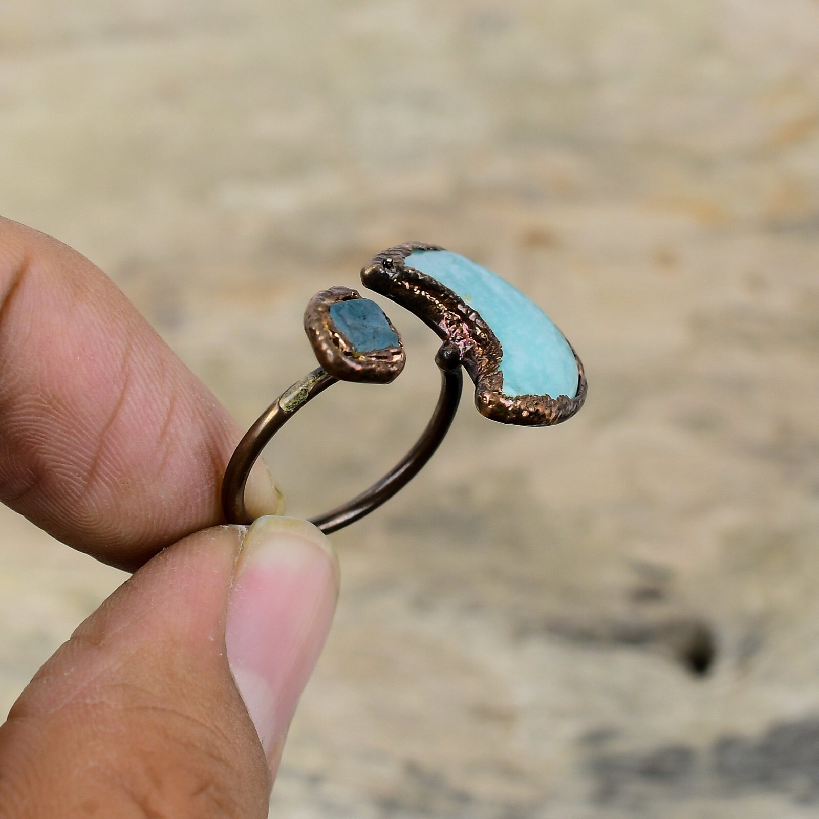 Copper Amazonite Gemstone Neon Apatite Rough Electroformed Promise Ring Jewelry