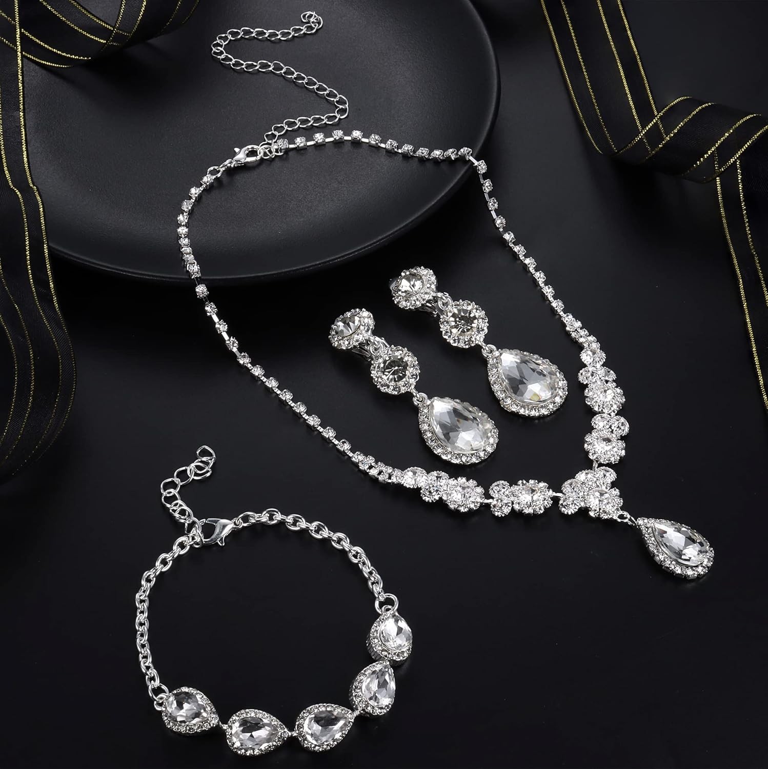 Rhinestone Bridal Jewelry Set Necklace Bracelet Clip on Earrings for Brides Brid