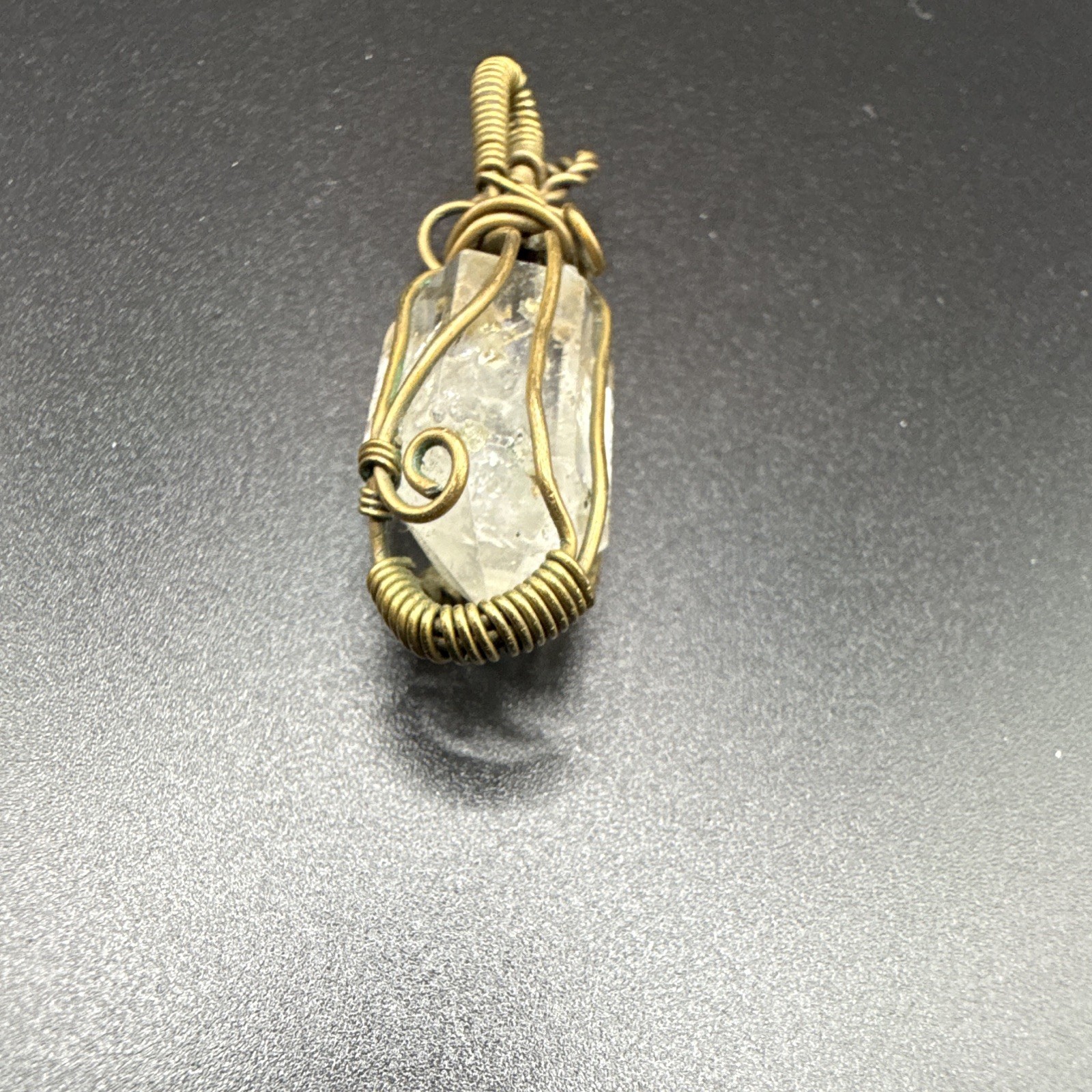 Herkimer Diamond Crystal Charm Pendant Gold Tone Copper.